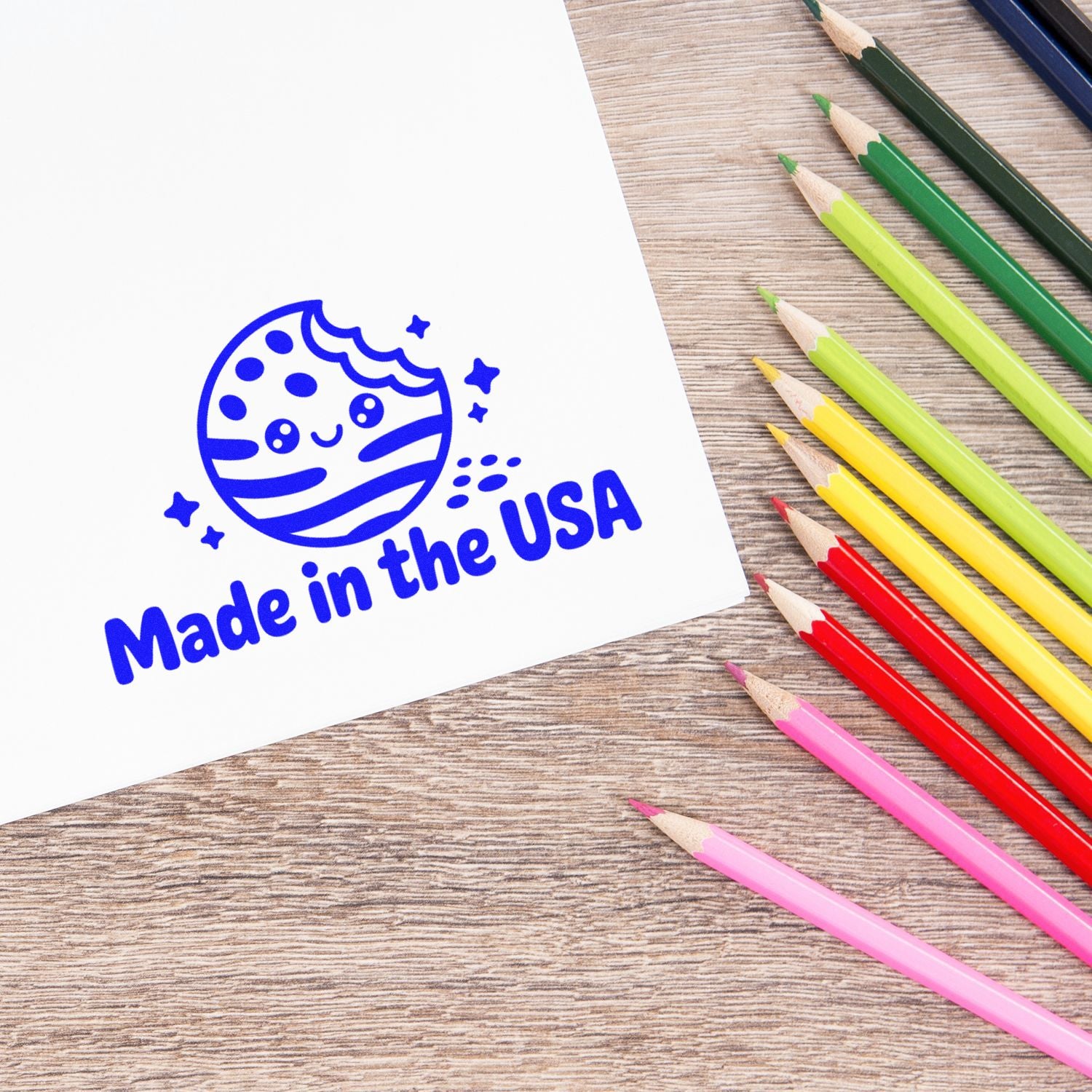 Made in the USA rubber stamp impression on paper, ideal for custom craft branding and packaging labels.
