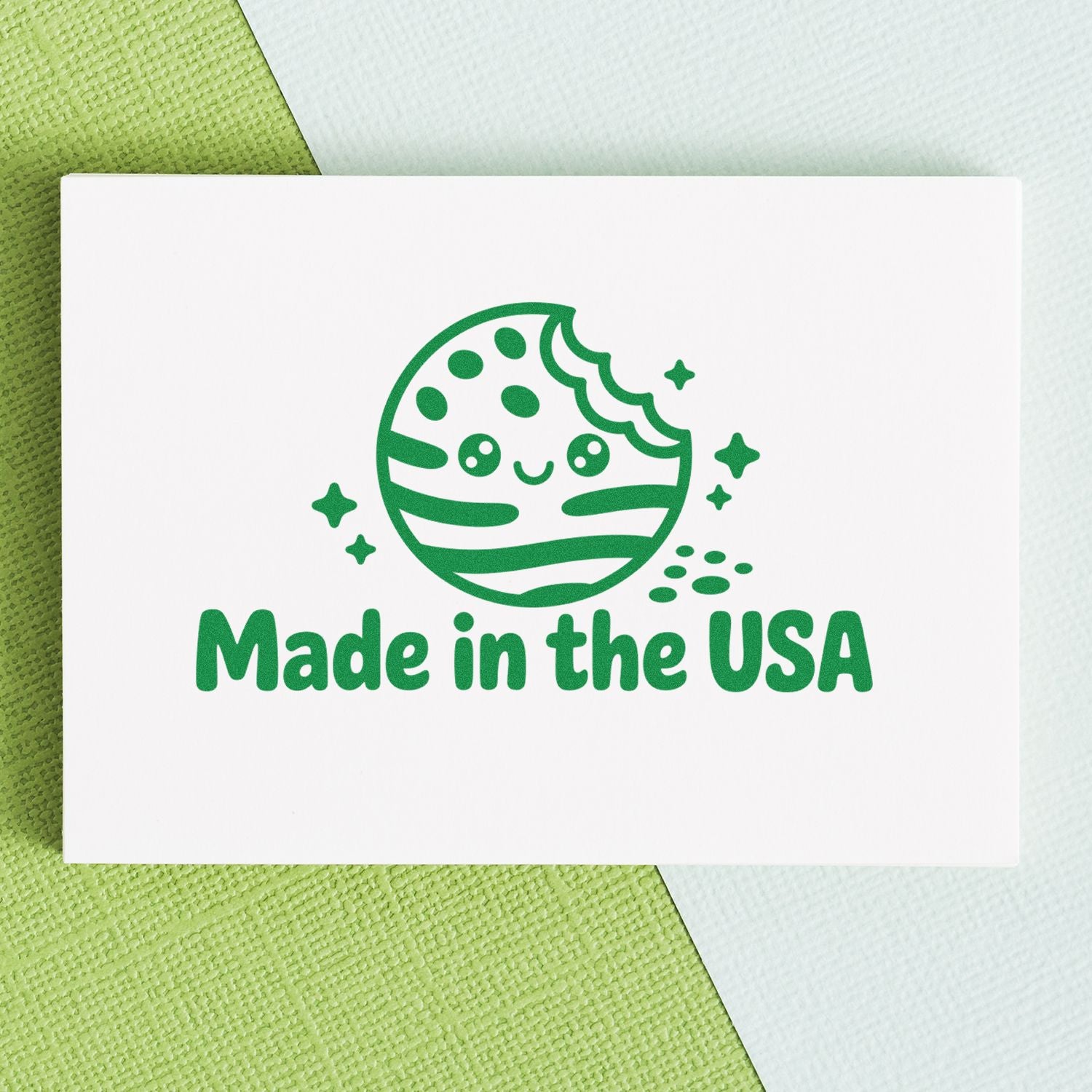 Green Made in the USA rubber stamp design with cute icon for product packaging and branding.