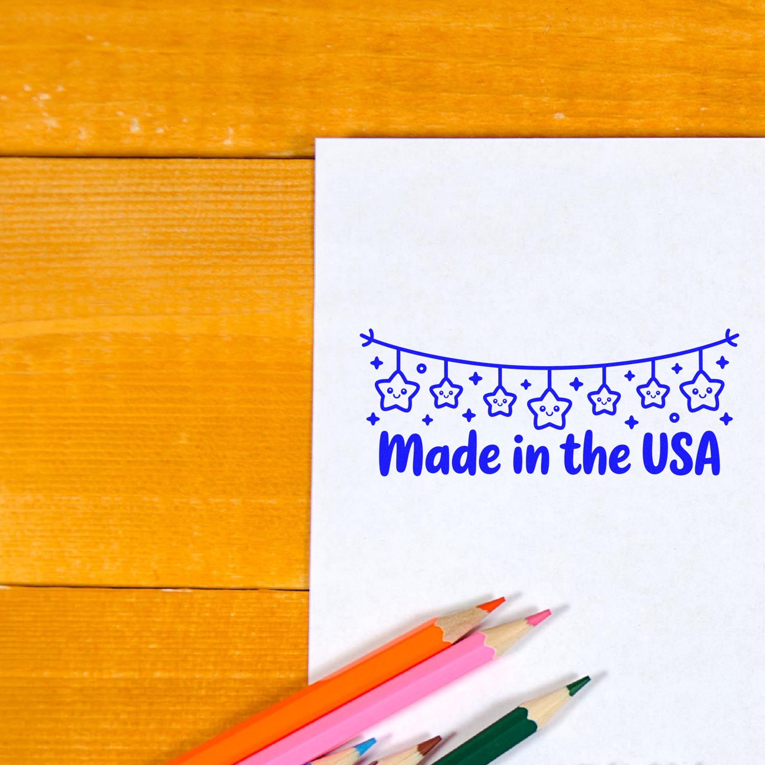 Made in the USA rubber stamp on white paper with colored pencils, perfect for handmade packaging, crafts, and branding.