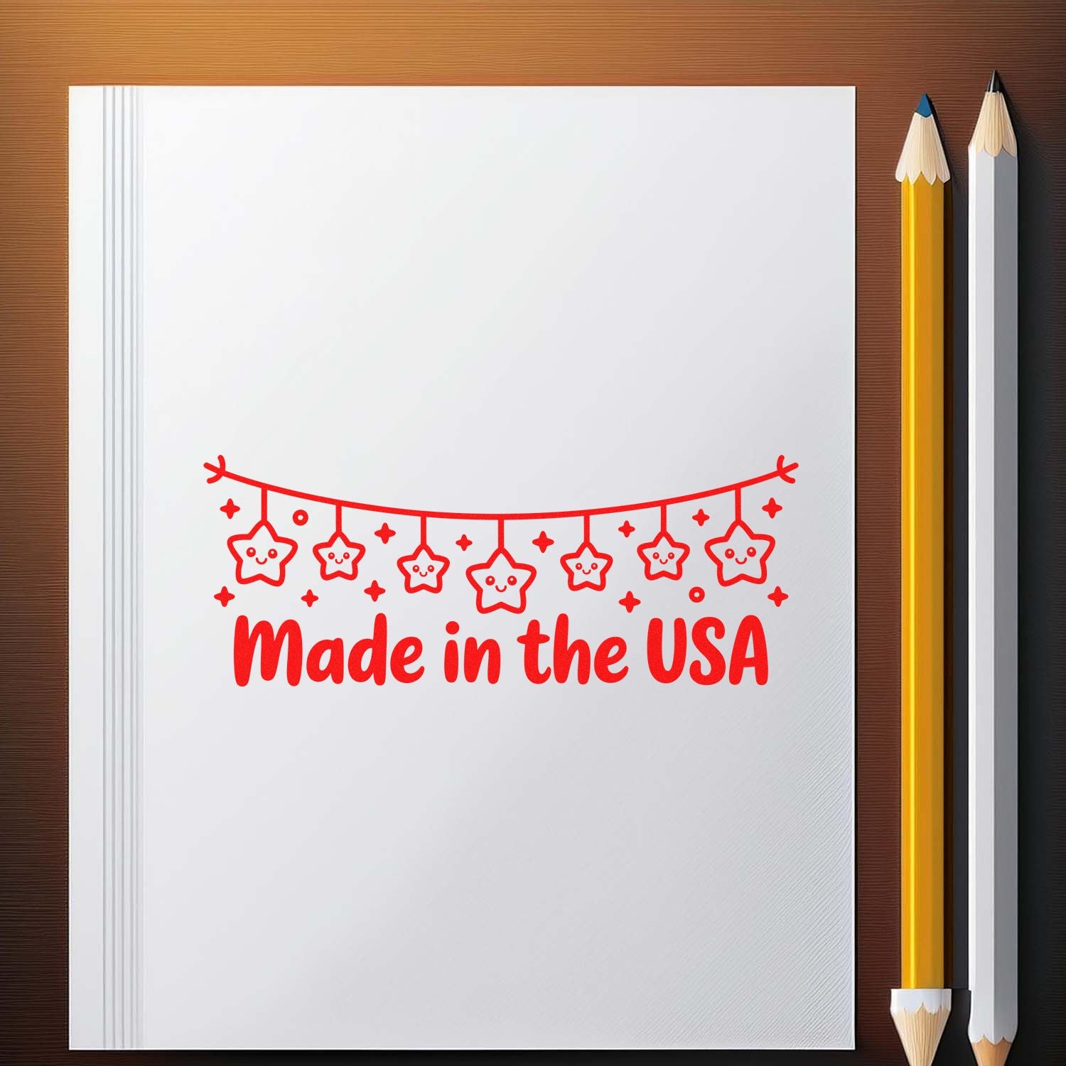 Made in the USA rubber stamp design with hanging stars on a notebook page, ideal for handmade product packaging and branding.