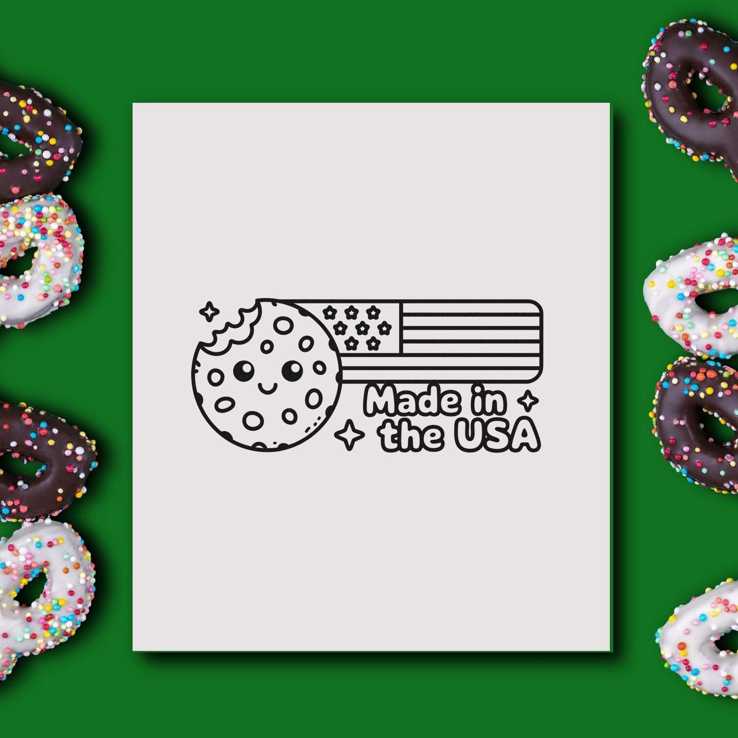 Made in the USA donut rubber stamp design with American flag, ideal for patriotic branding and product packaging.