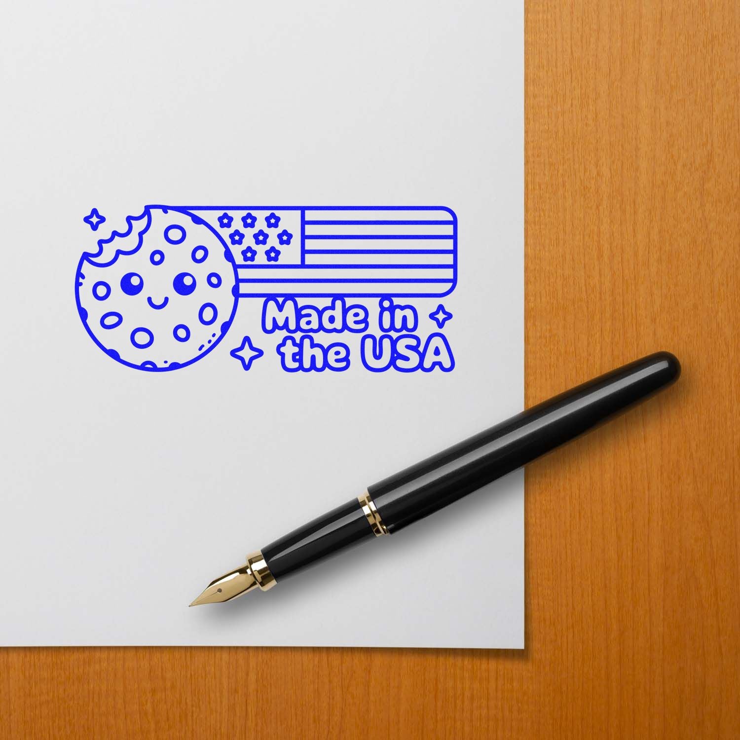 Made in the USA rubber stamp design with patriotic cookie graphic for product branding and packaging.