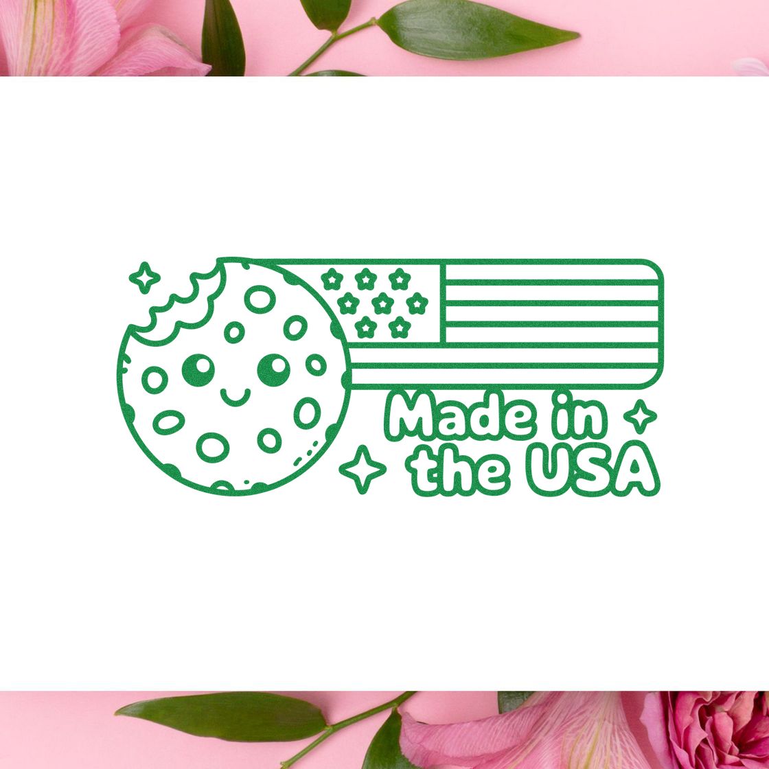 Made in the USA rubber stamp design with American flag and cookie graphic for patriotic packaging, branding, and craft projects.