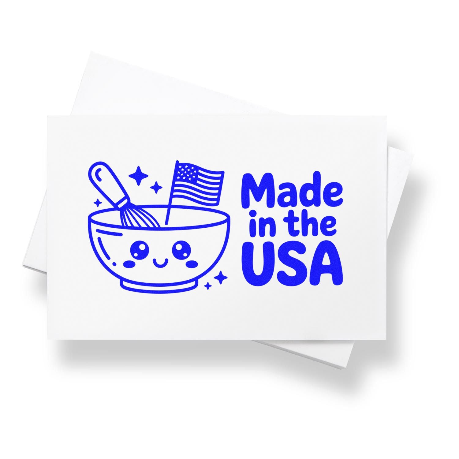 Made in the USA rubber stamp design with cute bowl, whisk and American flag for patriotic baking crafts.