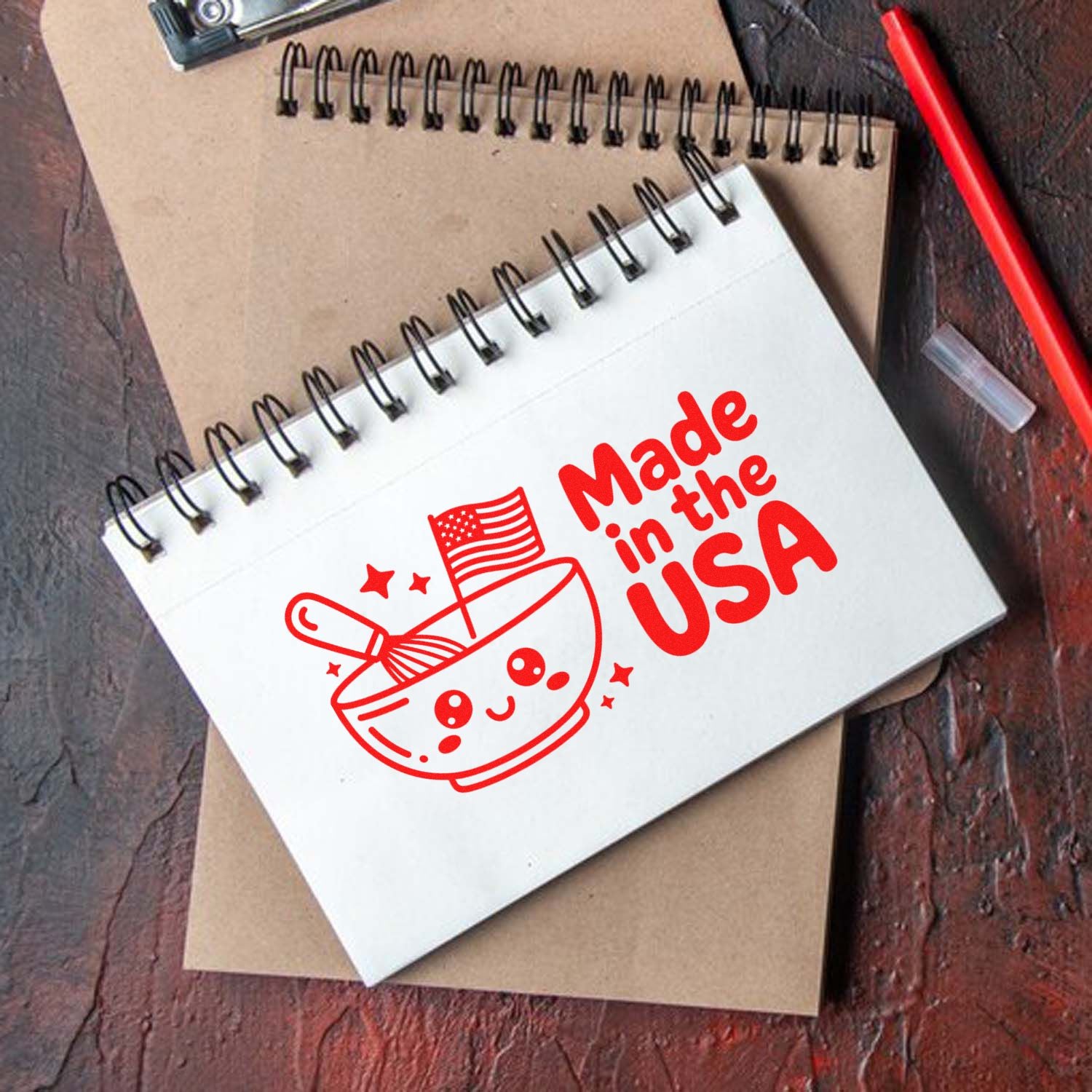 Custom Made in USA rubber stamp design with patriotic bowl graphic on a spiral notebook.