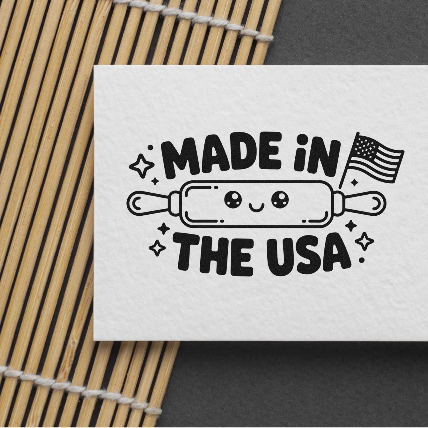 Made in the USA rubber stamp design featuring a cute rolling pin and American flag for handmade product packaging.