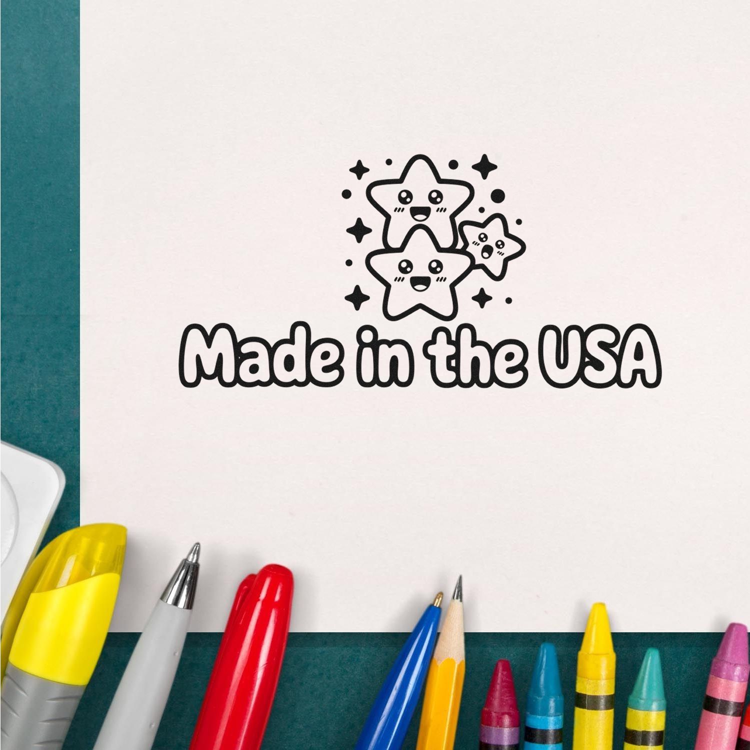 Made in USA rubber stamp design with cute star icons for handmade product packaging and branding.