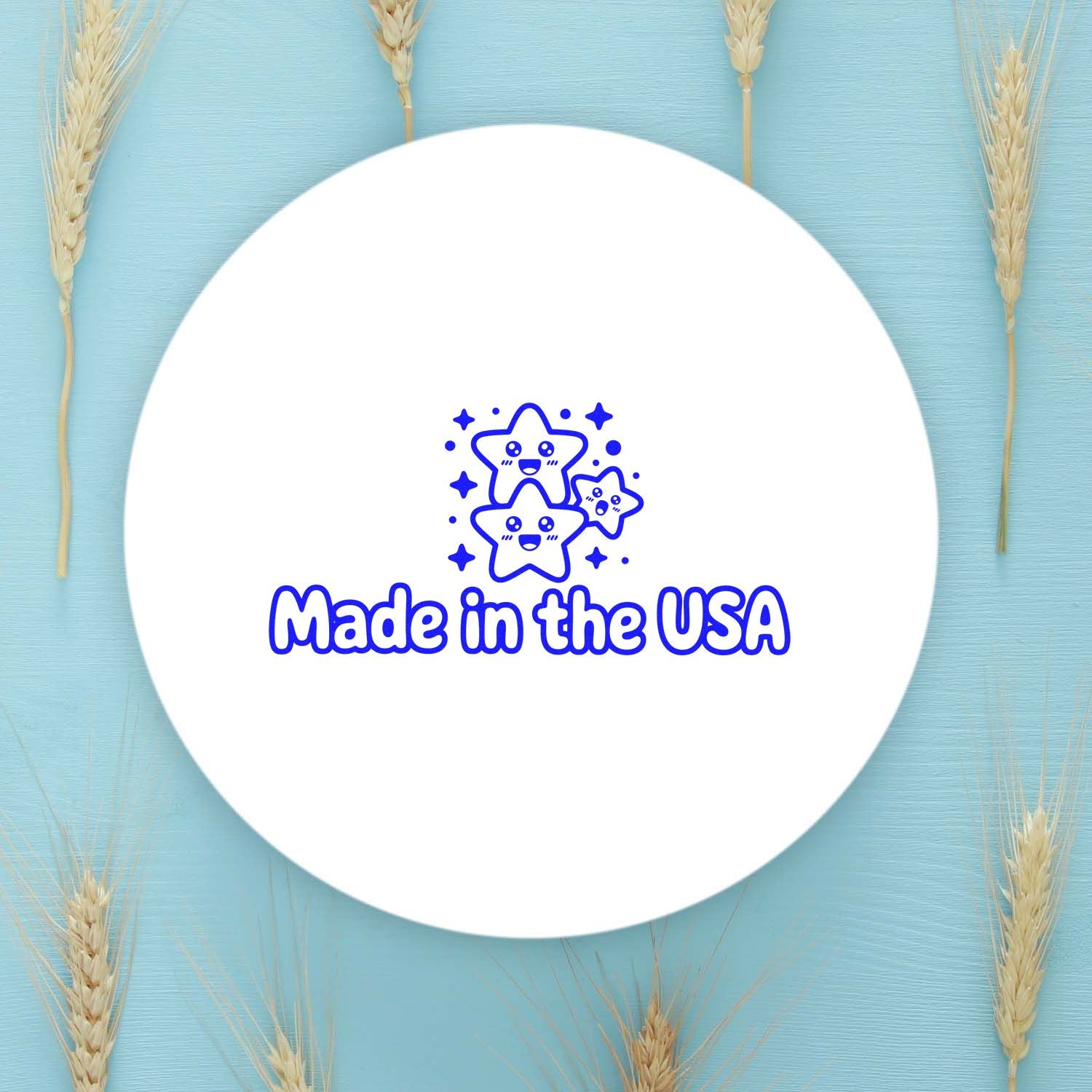 Made in USA rubber stamp design with cute star graphic, perfect for product packaging, labels, and patriotic branding.
