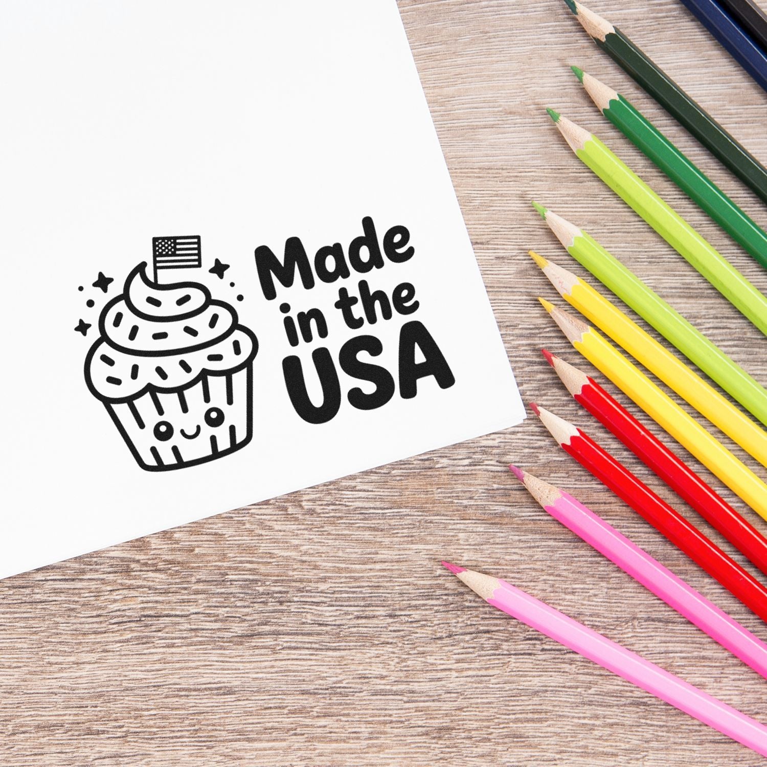Made in the USA rubber stamp design with cupcake icon, ideal for patriotic handmade packaging and craft projects.