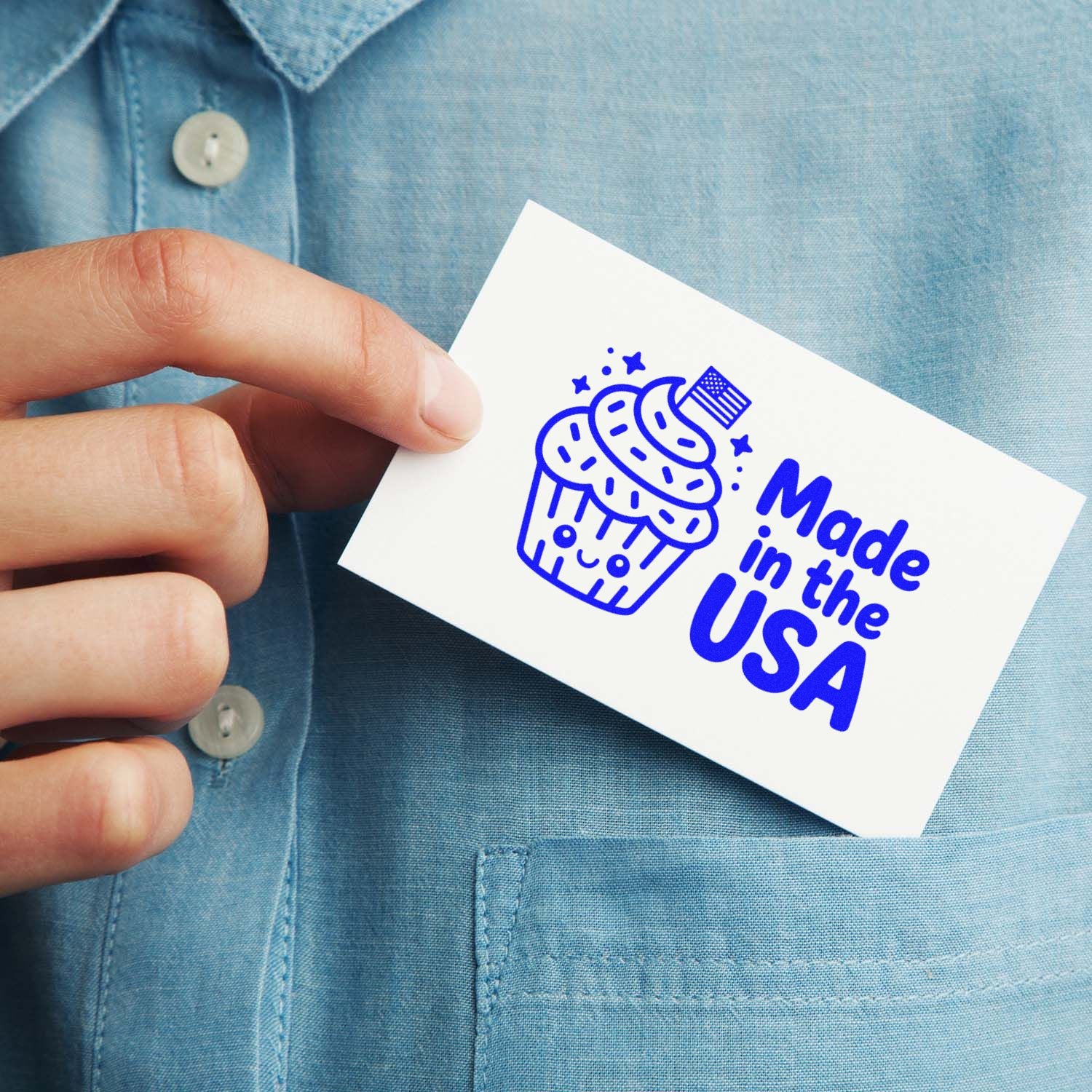 Made in the USA rubber stamp imprint on a card, ideal for branding handmade products and packaging.