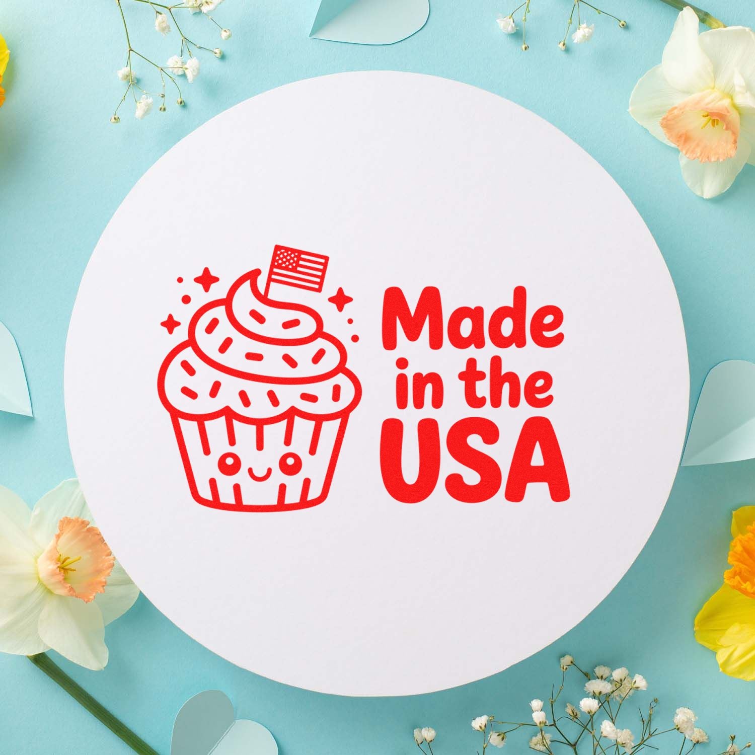 Made in the USA cupcake rubber stamp design for patriotic packaging, craft projects, and small business branding.