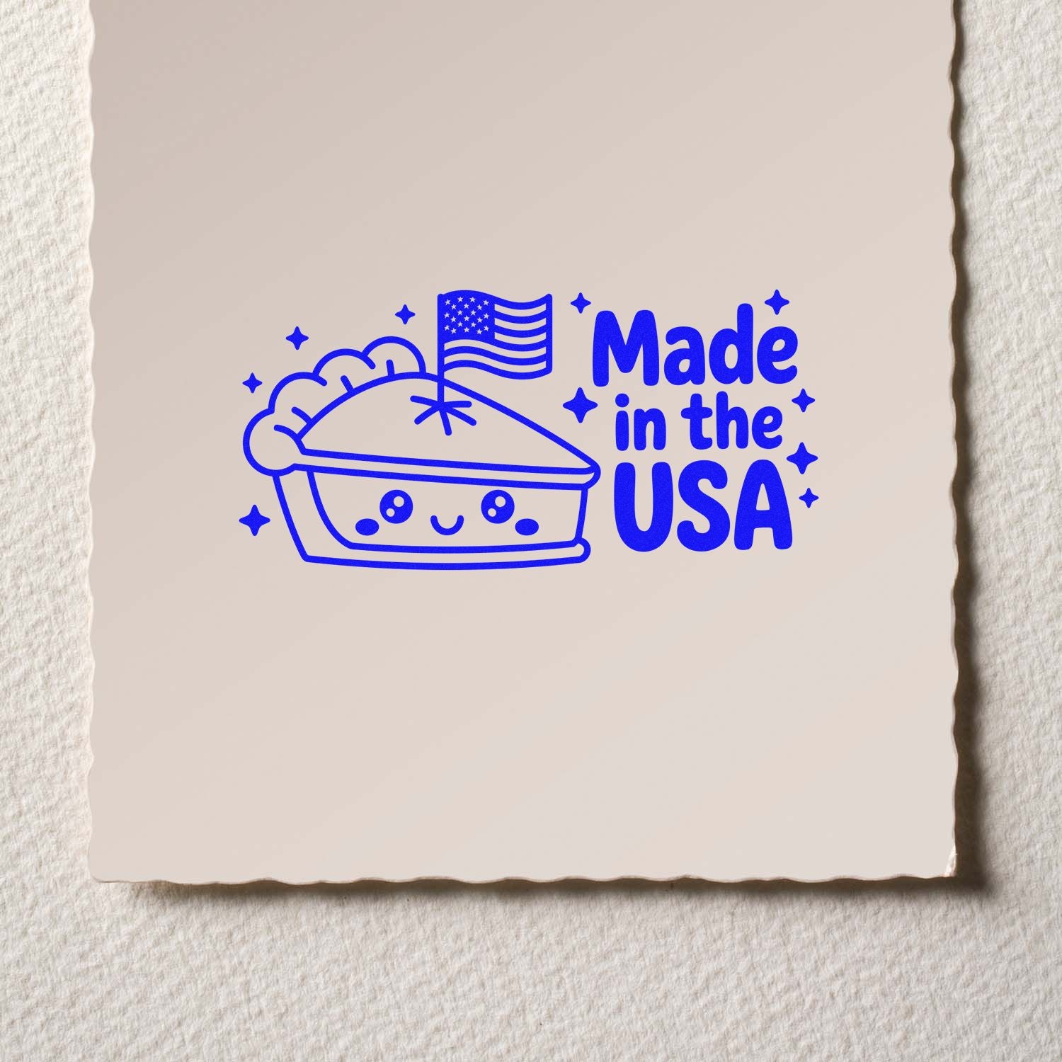 Made in the USA pie rubber stamp design with patriotic flag and cute dessert illustration for crafts and packaging