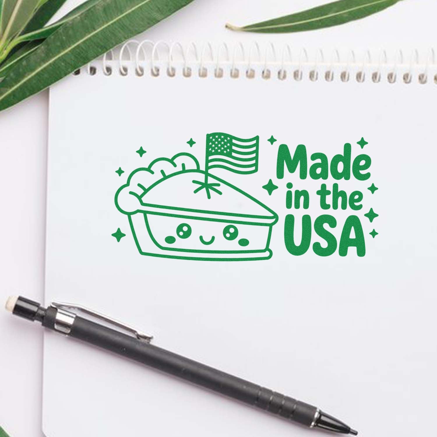 Made in the USA rubber stamp with patriotic pie graphic for notebooks, packaging, and handmade product branding.