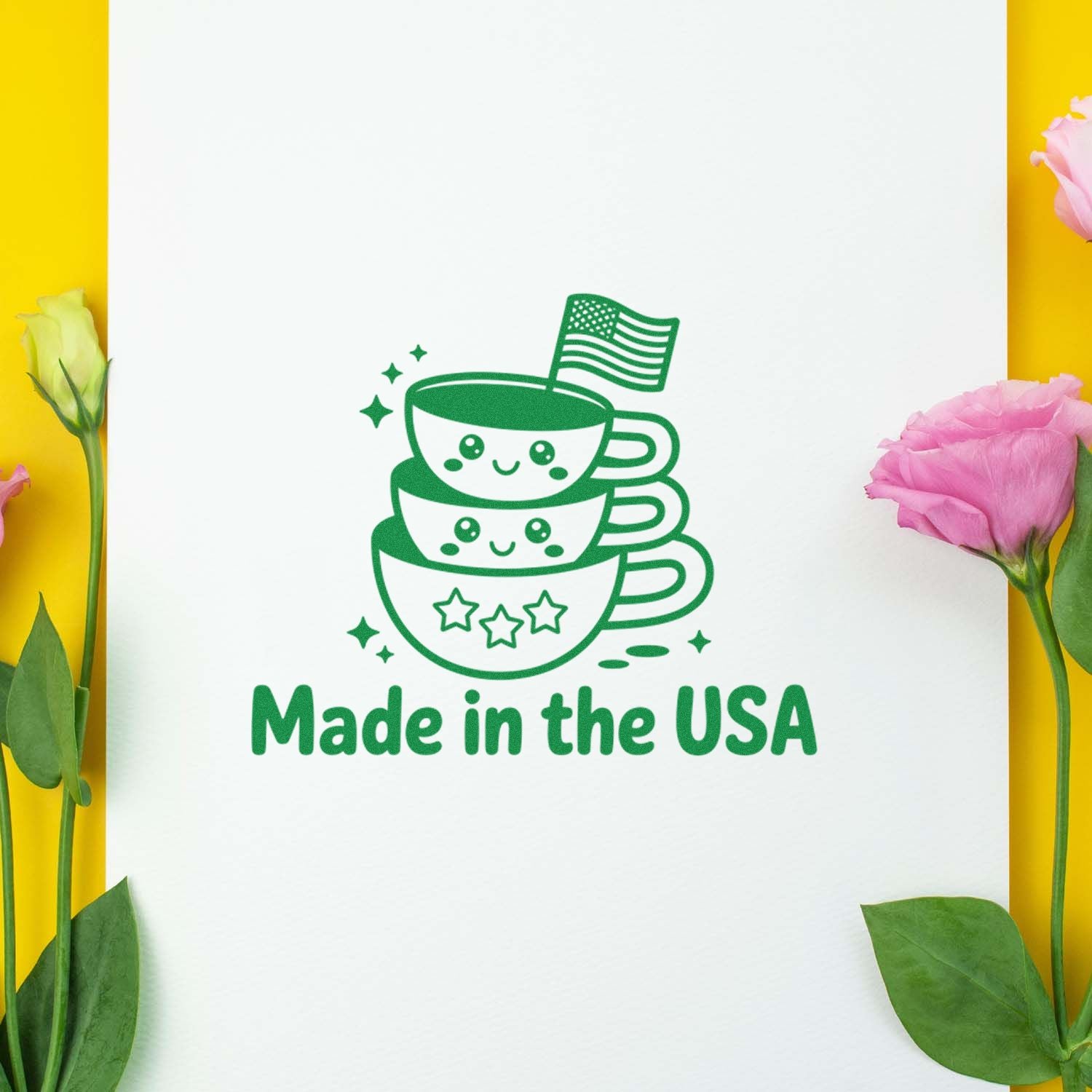 Made in the USA rubber stamp with cute stacked teacup design, stars, and American flag for patriotic handmade packaging.
