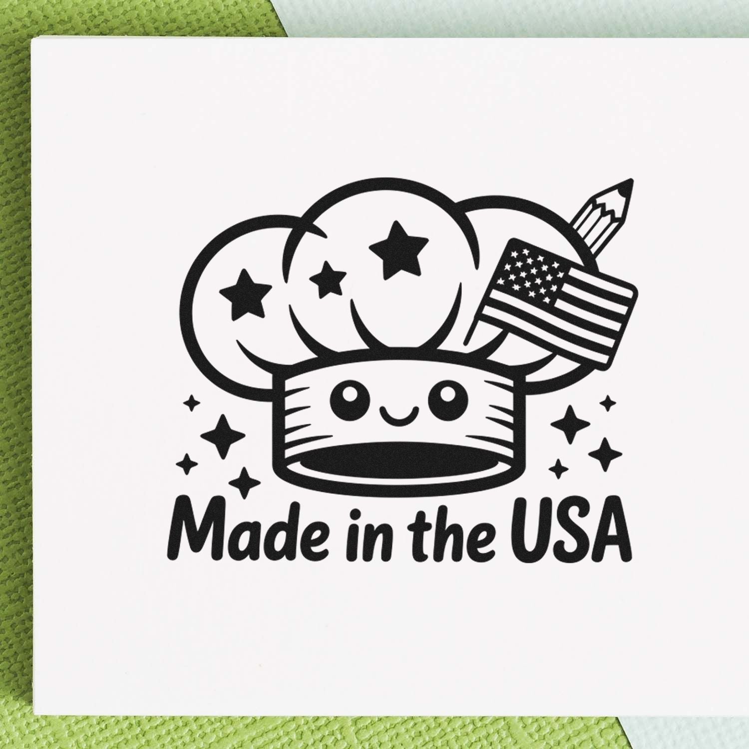 Made in the USA rubber stamp design featuring a cute mushroom, stars, pencil, and American flag.