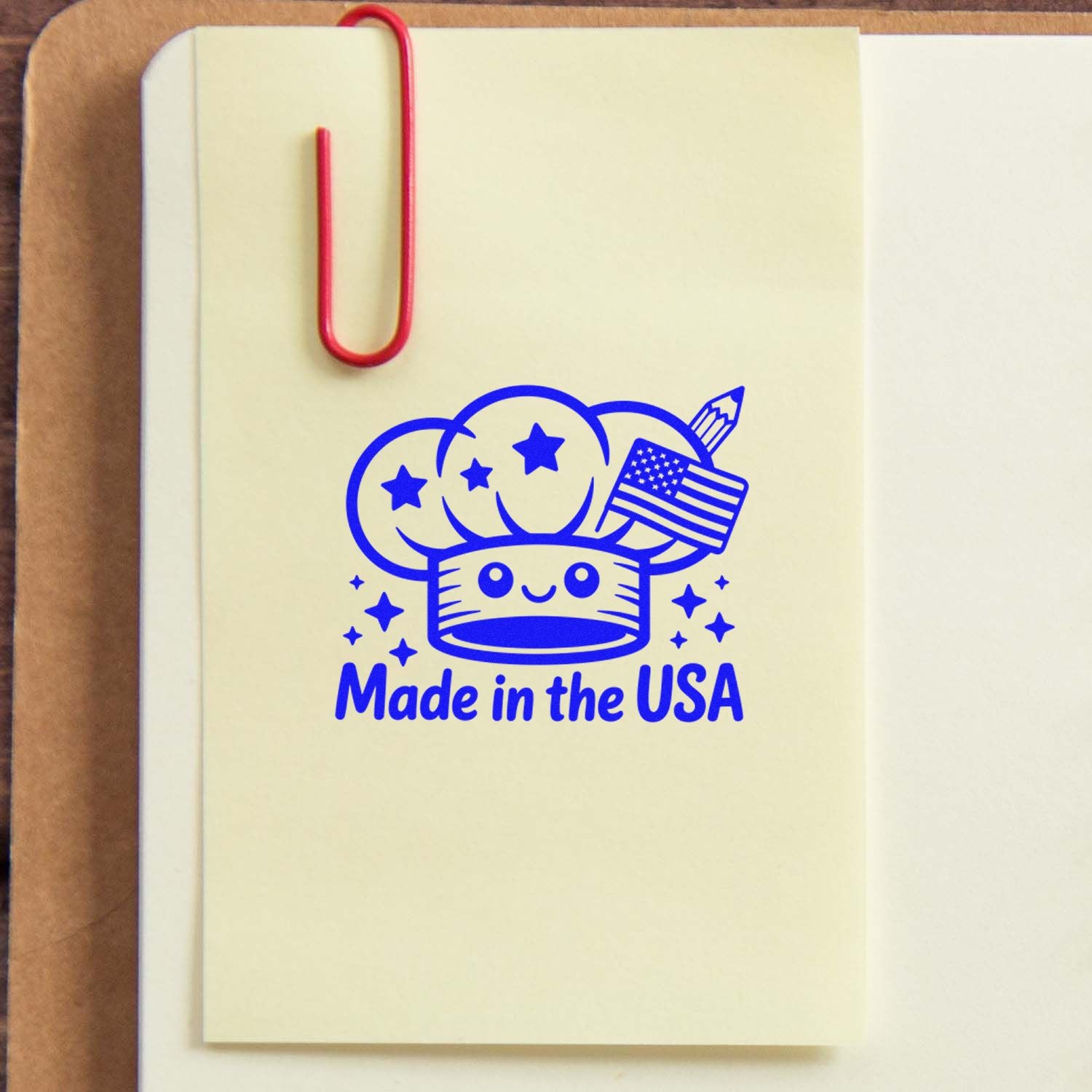 Made in the USA rubber stamp design for patriotic branding, shown stamped on a notebook page.