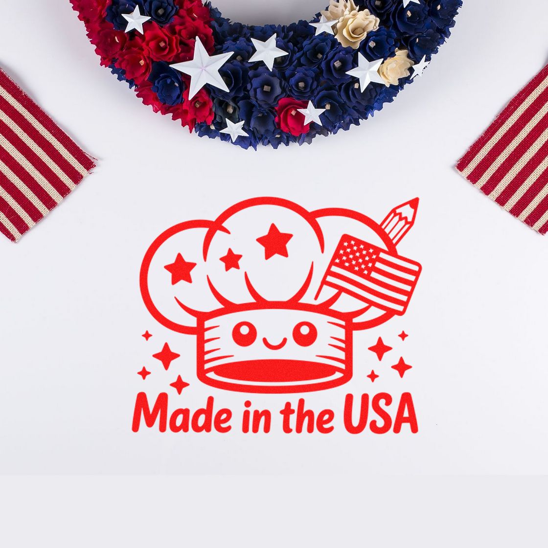 Made in the USA rubber stamp design with stars, American flag and pencil, patriotic red imprint on white background.