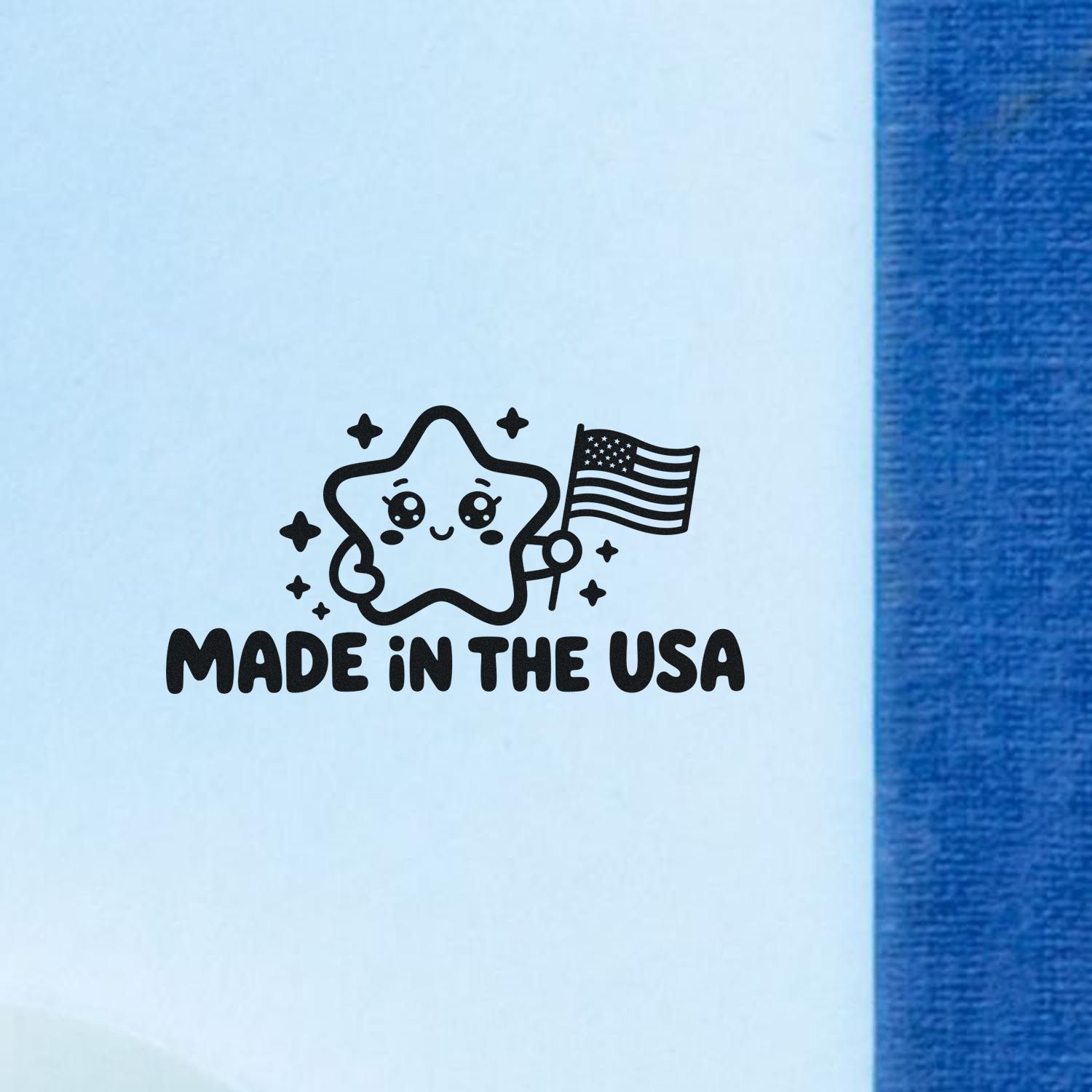Made in the USA rubber stamp with cute star and American flag for custom packaging and crafts.