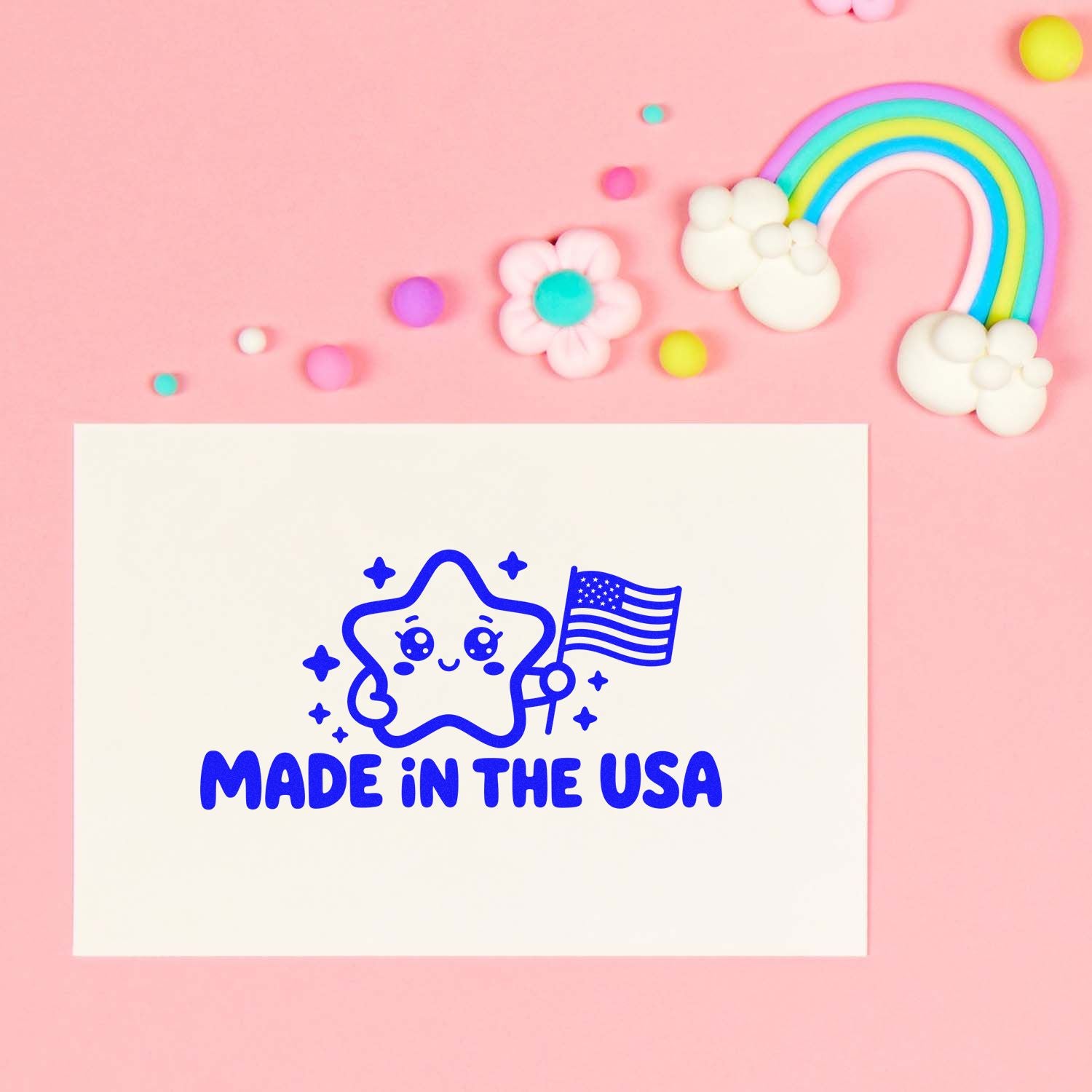 Made in the USA rubber stamp design with star and American flag, ideal for packaging, crafts, and patriotic small business branding.