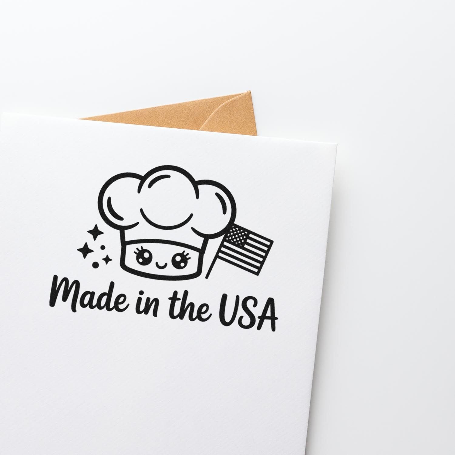 Made in the USA rubber stamp design with chef and American flag, shown on a greeting card and envelope.