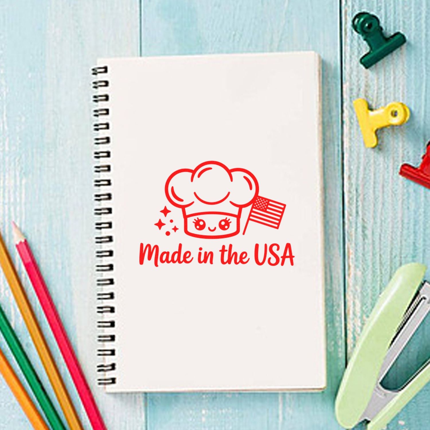 Made in the USA rubber stamp design with chef icon, ideal for patriotic custom branding, packaging, and craft projects.