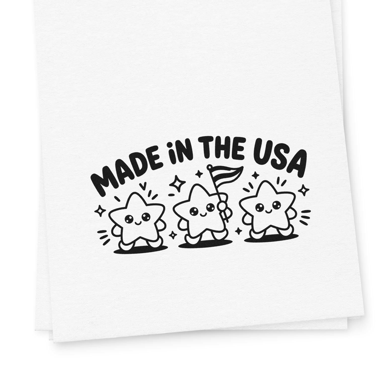 Made in USA rubber stamp design with cute stars and flag, ideal for handmade products and packaging.