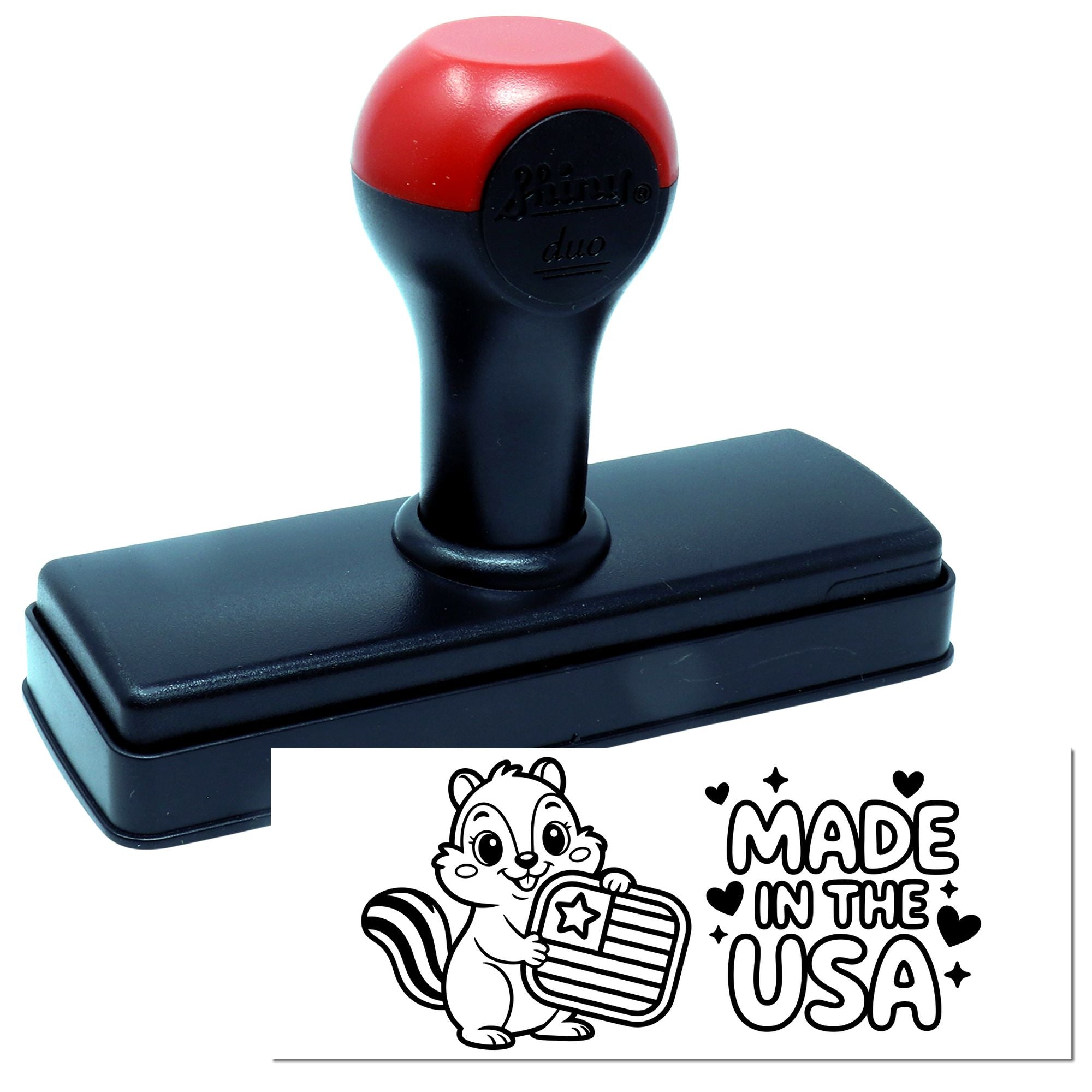 Self-inking rubber stamp with custom Made in the USA imprint, featuring a patriotic squirrel design for branding.