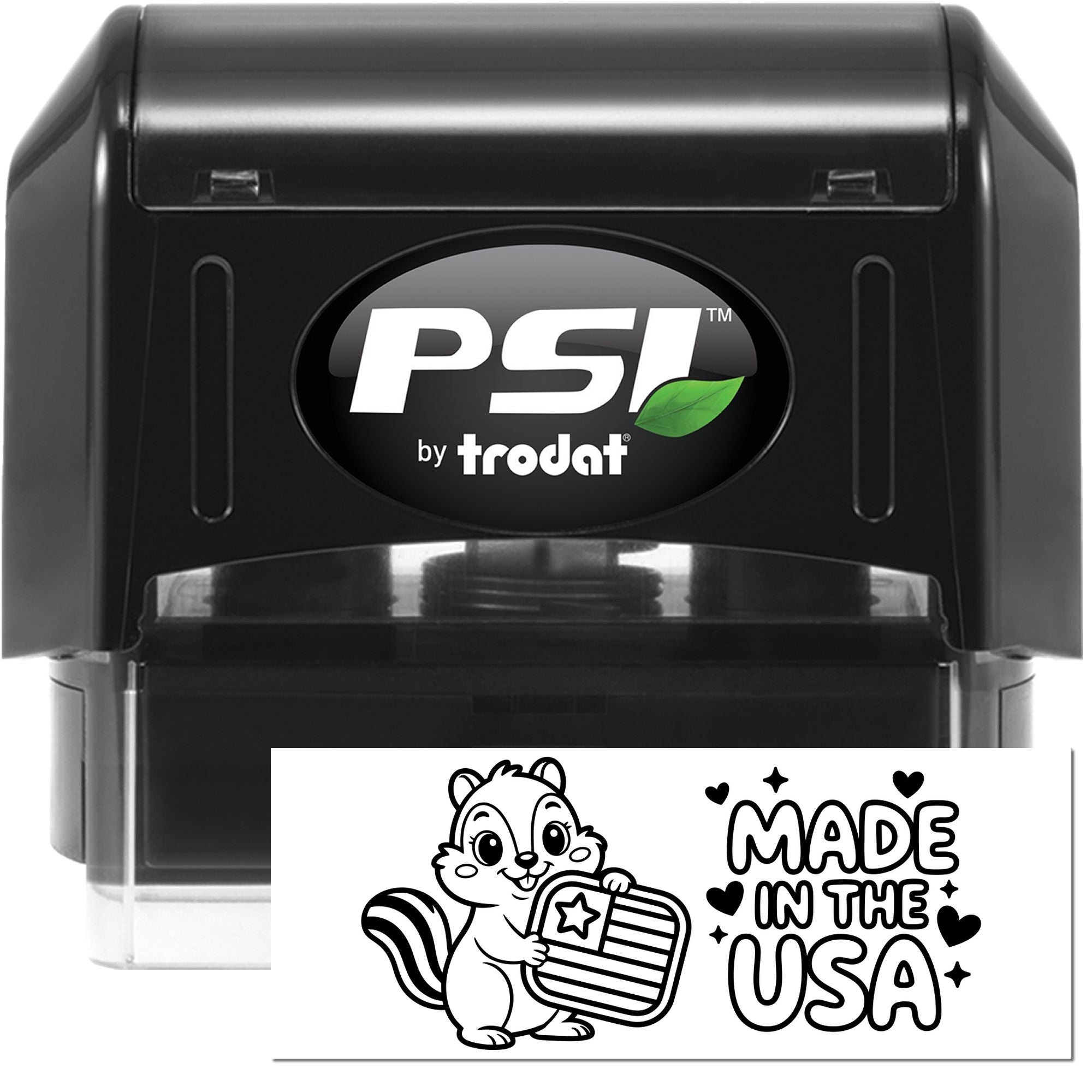 PSI by Trodat self-inking rubber stamp with custom Made in the USA squirrel design for branding products