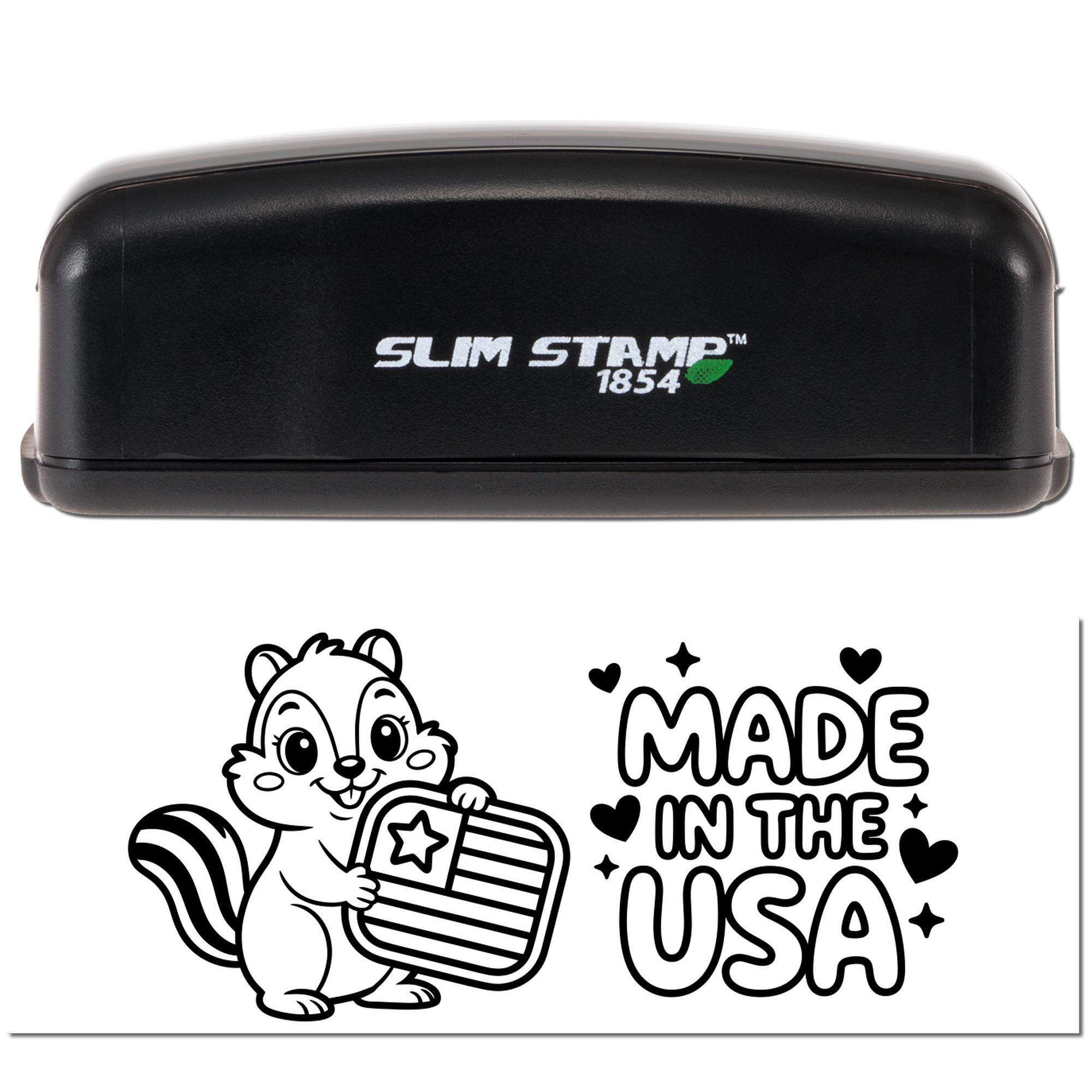 Slim Stamp 1854 custom rubber stamp with Made in the USA chipmunk design for patriotic packaging, crafts, and business branding.