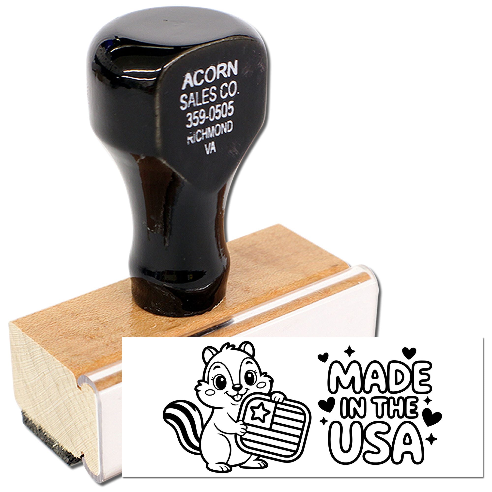 Custom business rubber stamp with wood handle, featuring Acorn Sales Co. Richmond VA and Made in the USA design sample.