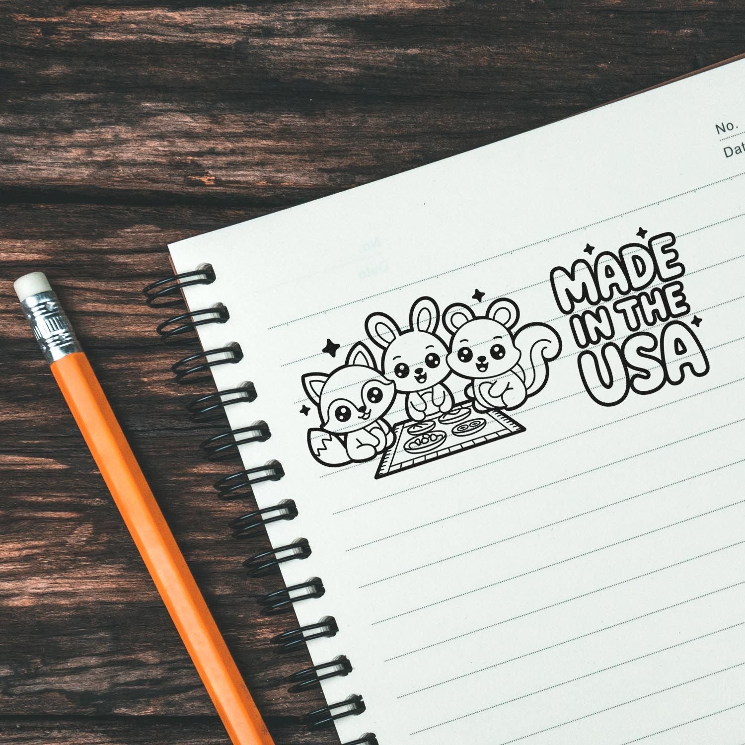 Made in the USA custom rubber stamp design with cute animals, ideal for patriotic crafts and branding.