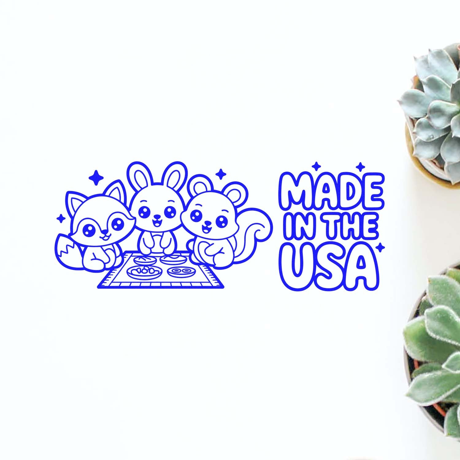 Made in USA rubber stamp design with cute woodland animals, perfect for patriotic crafts, product packaging, and handmade branding.