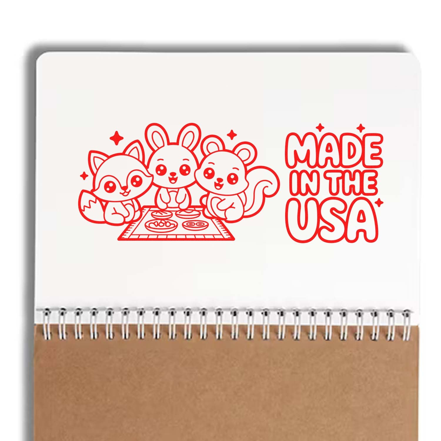 Cute Made in the USA rubber stamp design with bunny, fox and squirrel for patriotic craft projects and handmade stationery.