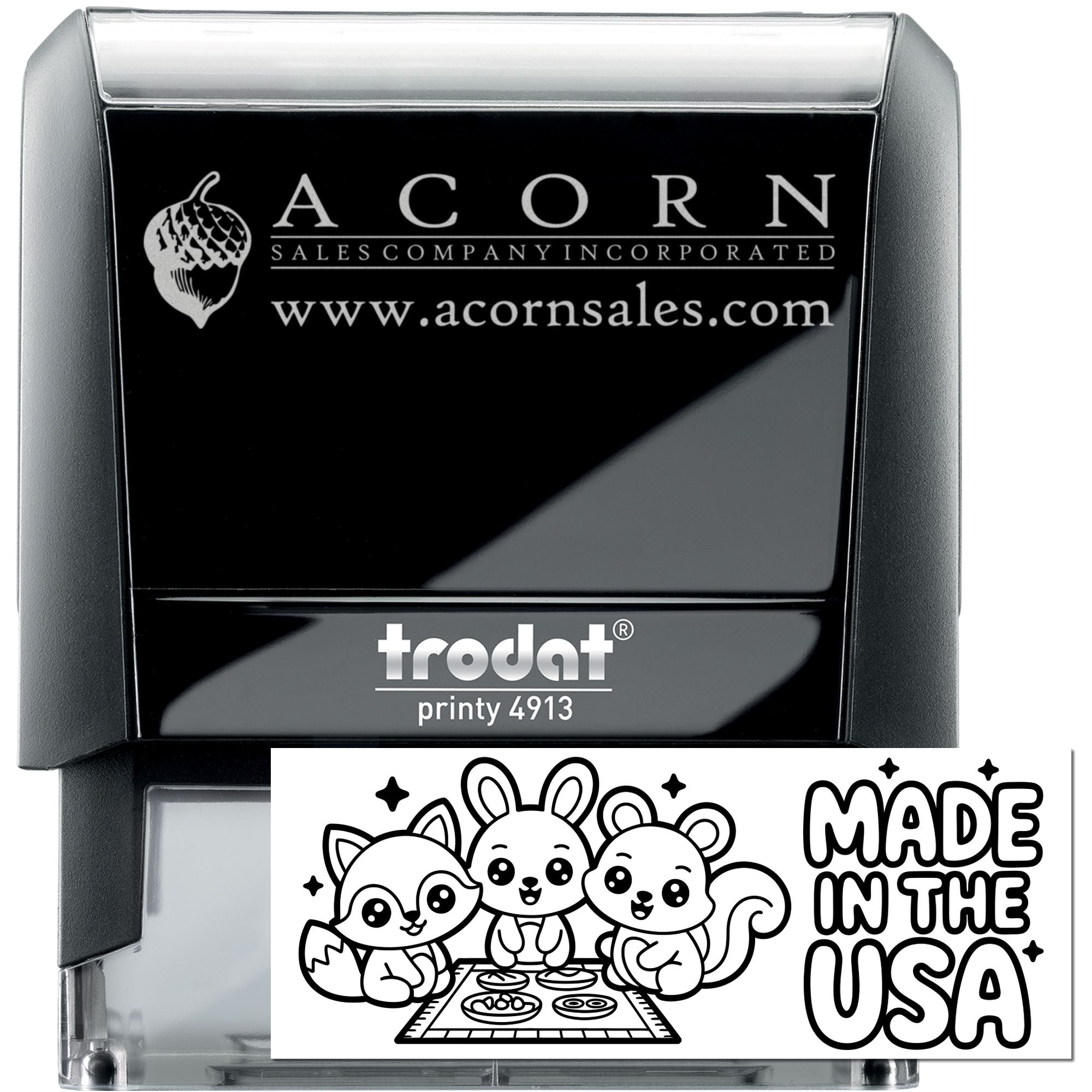 Custom self-inking rubber stamp Trodat Printy 4913 with Acorn Sales Company logo and website imprint.