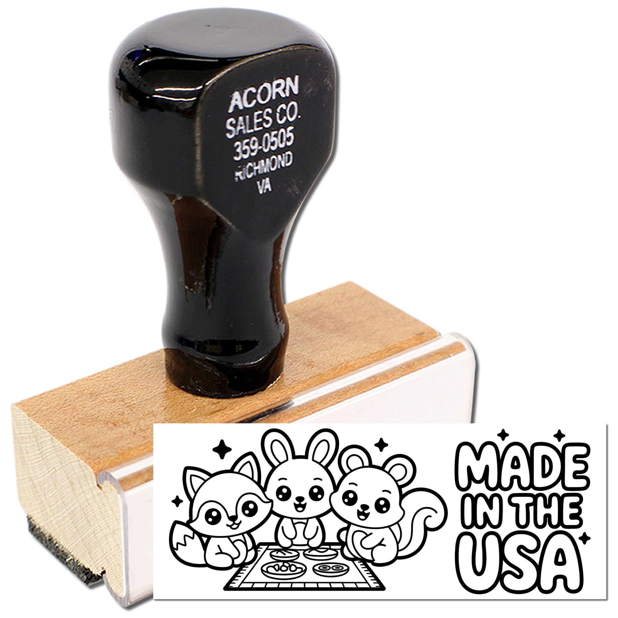 Custom rubber stamp with wood handle, showcasing company logo and Made in the USA design for branding, packaging, and crafts.