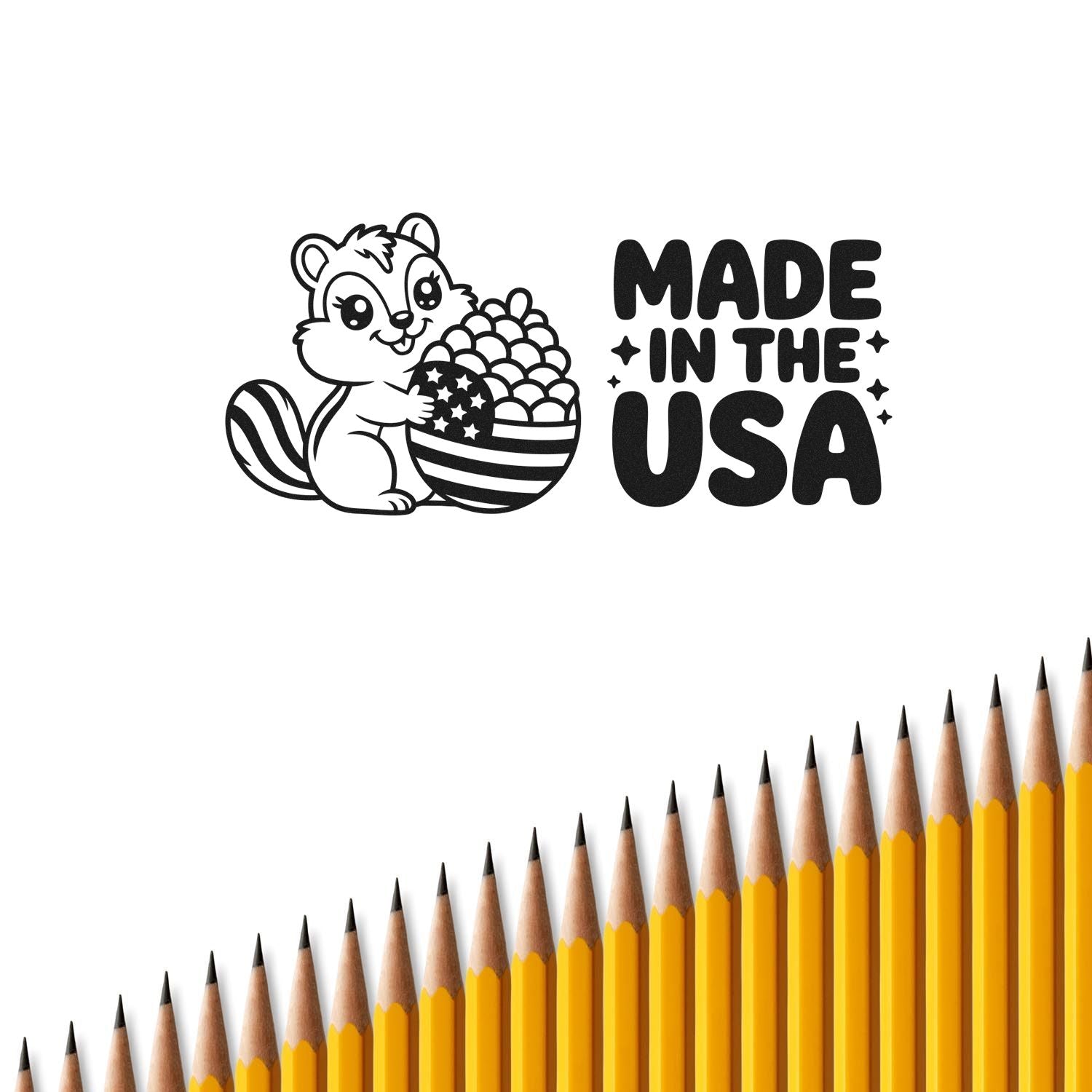 Made in the USA rubber stamp design with patriotic squirrel illustration, ideal for custom crafts, packaging, and handmade products.