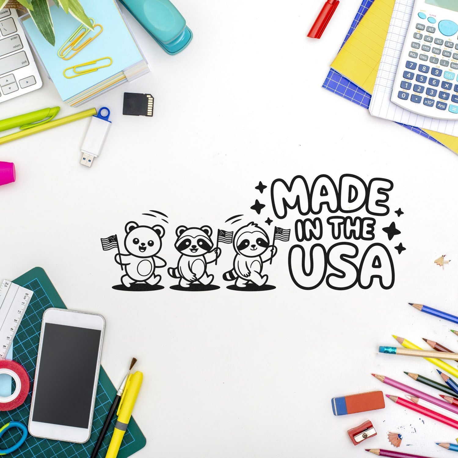 Made in the USA rubber stamp design with cute patriotic animals, perfect for handmade product packaging and craft branding.