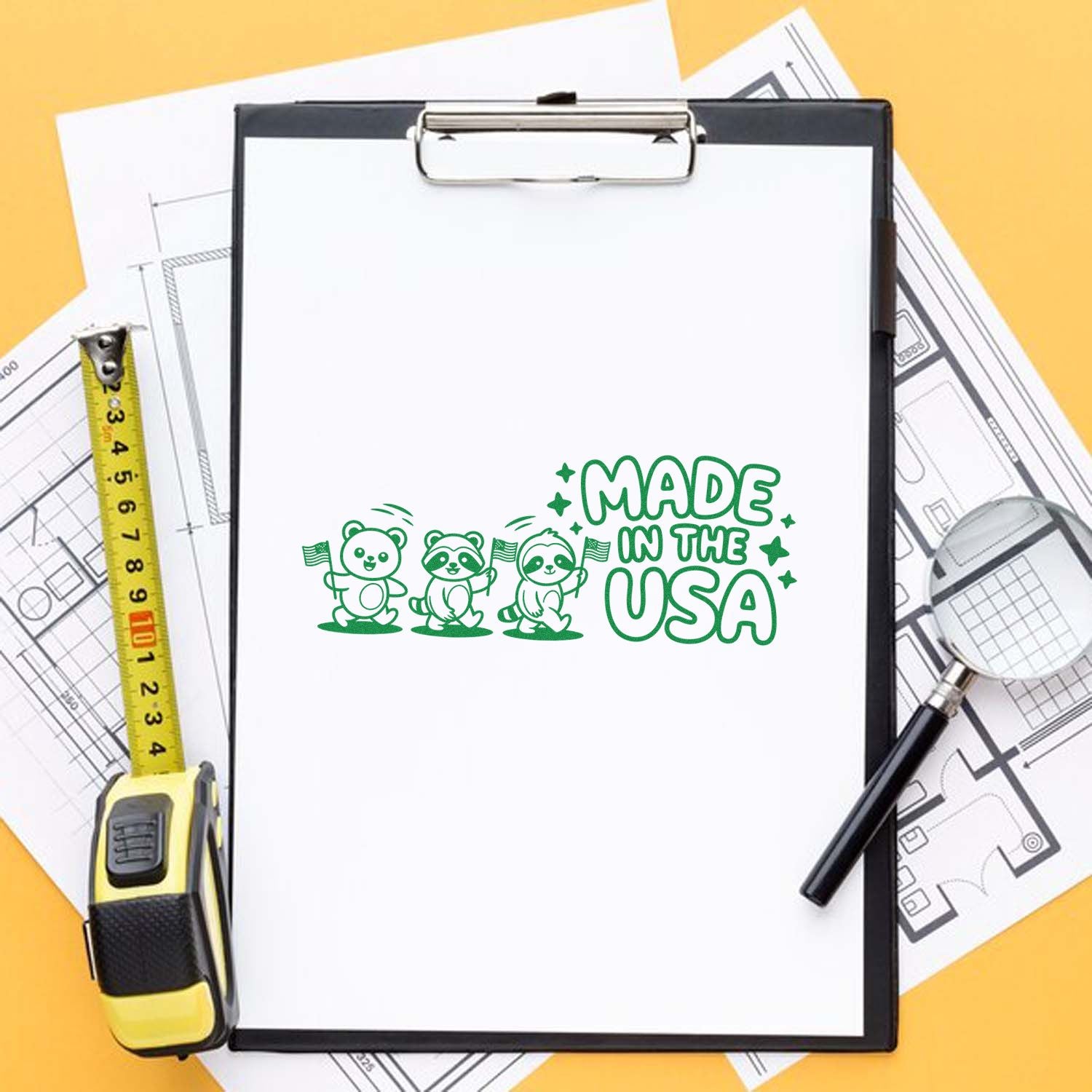 Made in the USA rubber stamp design mockup on clipboard with tape measure, ideal for custom stamping and craft products.