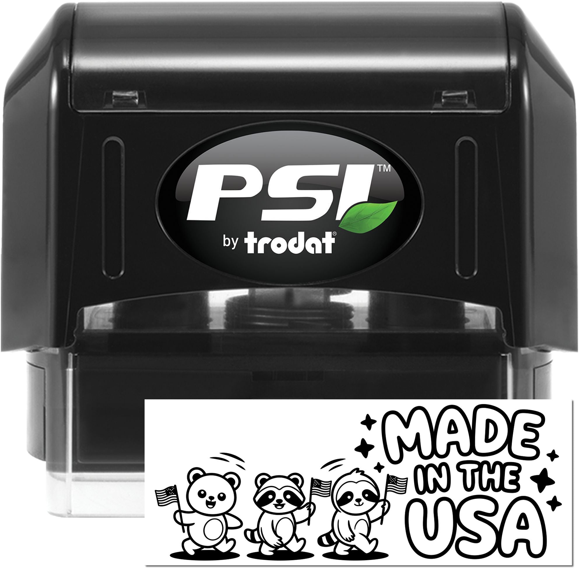 PSI by Trodat self-inking rubber stamp with Made in the USA design for custom product branding and packaging