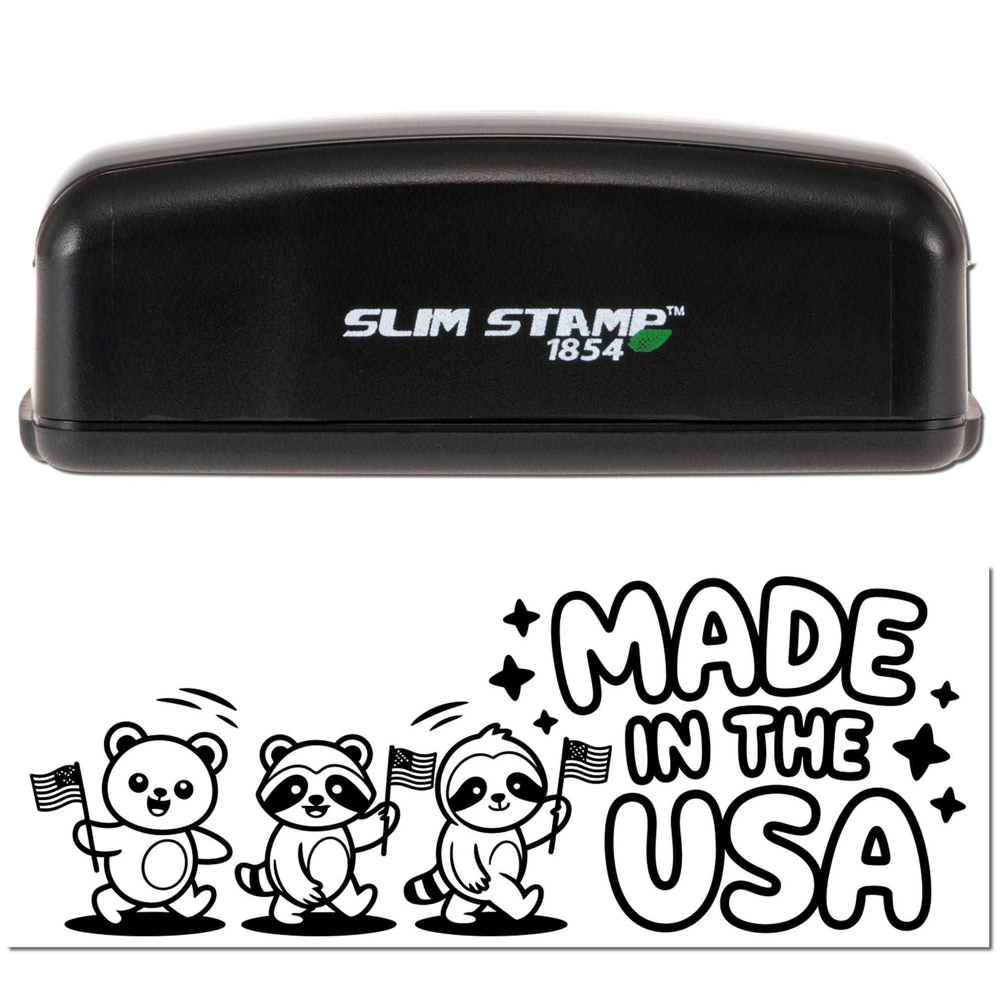 Slim Stamp 1854 rubber stamp with patriotic Made in the USA design featuring waving American animals