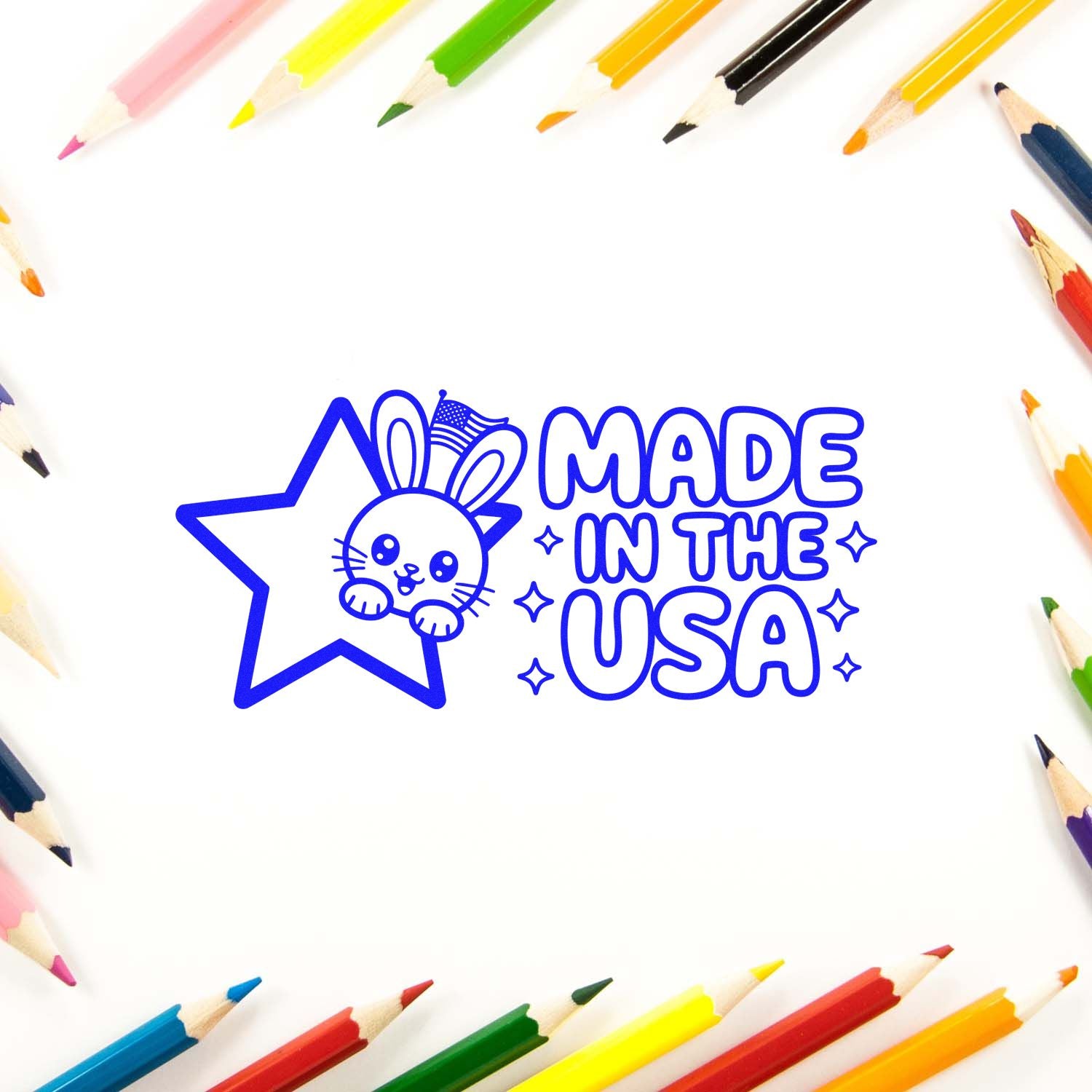 Made in the USA bunny star rubber stamp design, framed by colored pencils, for patriotic crafts and packaging.
