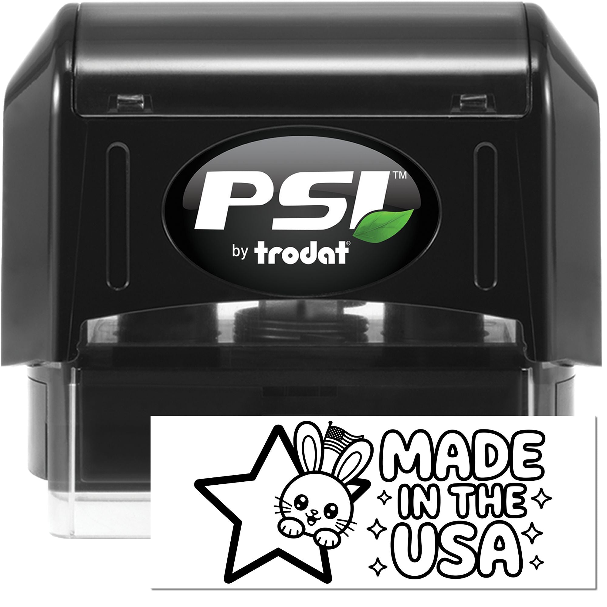 PSI by Trodat self-inking rubber stamp showing Made in the USA custom logo imprint