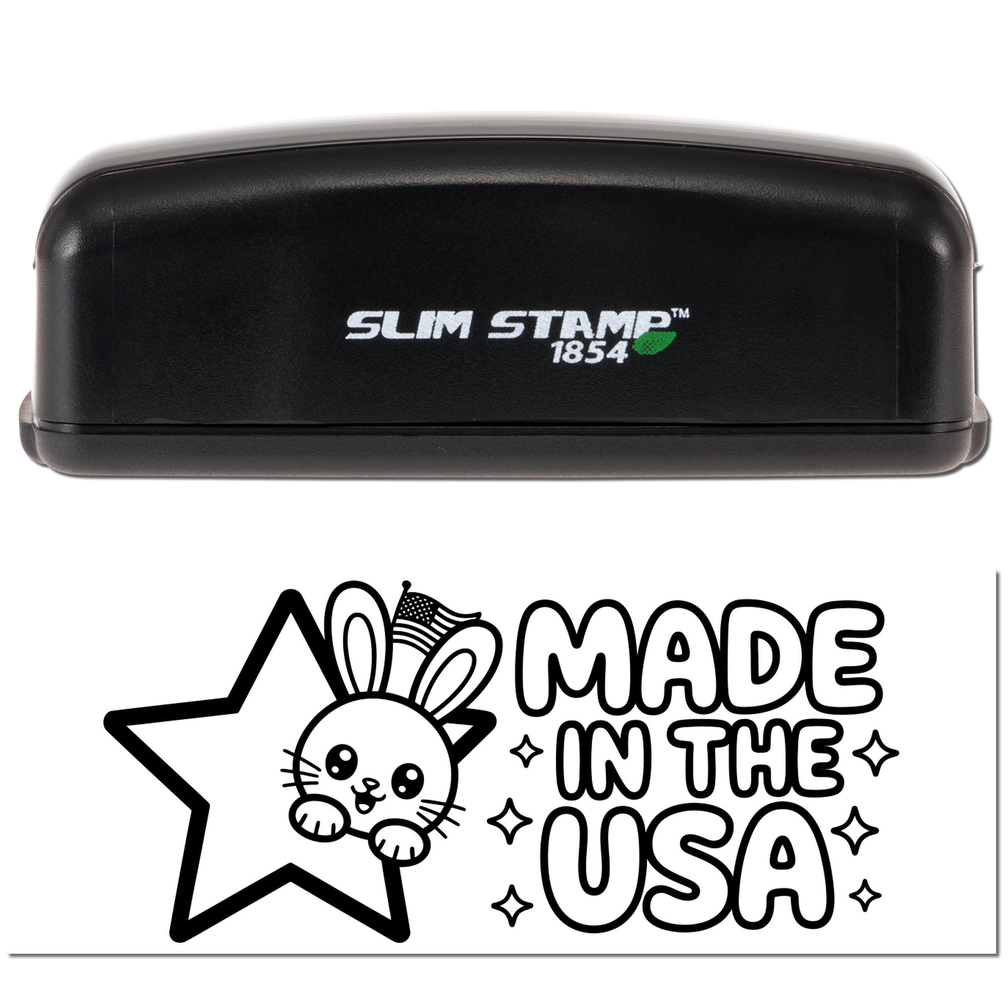 Slim Stamp 1854 self-inking rubber stamp with Made in the USA bunny star design for craft and packaging branding
