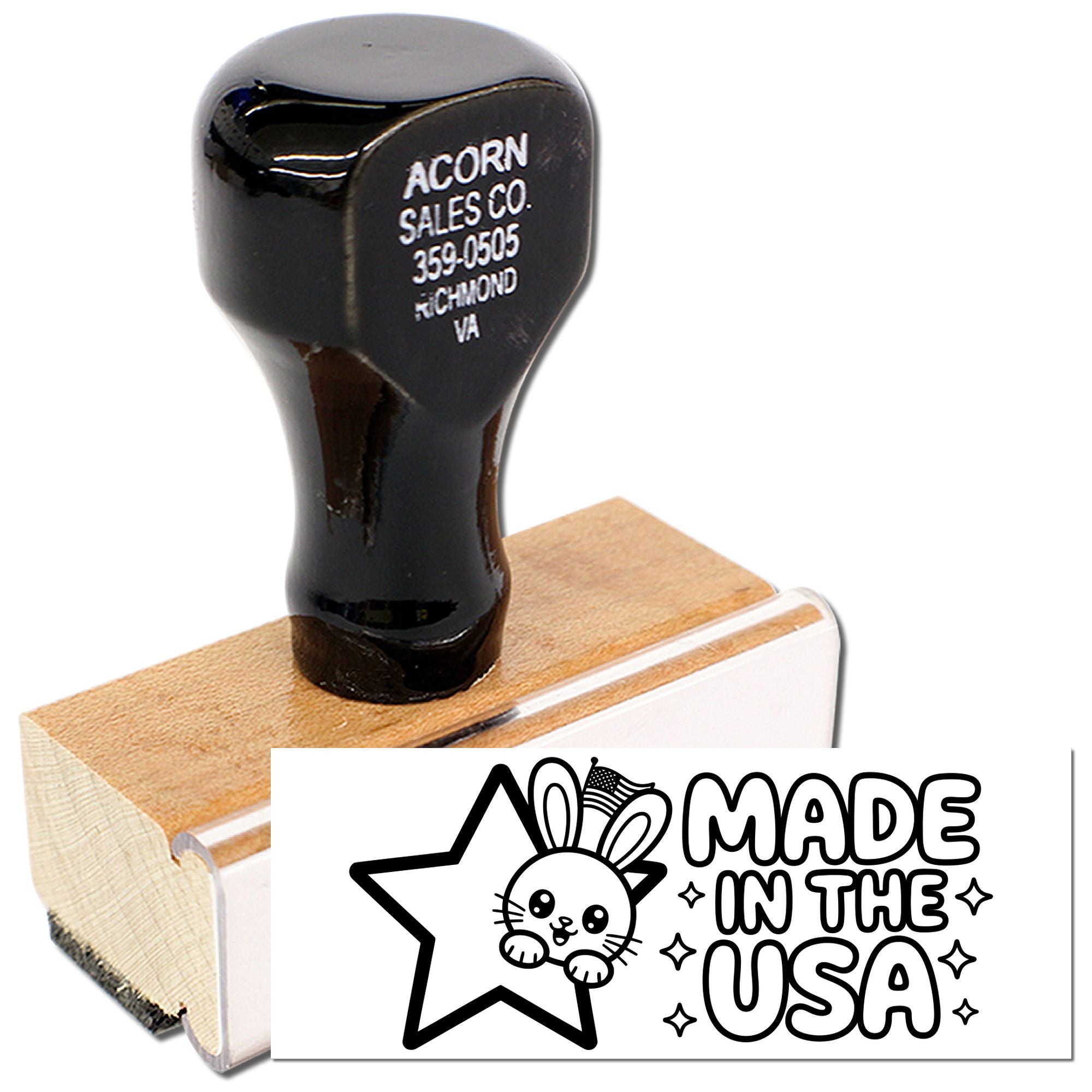 Custom rubber stamp with wooden handle and Made in the USA bunny design for branding and packaging.