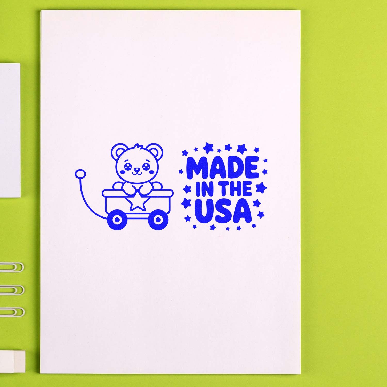 Made in the USA rubber stamp with teddy bear wagon design, ideal for packaging, crafts, and handmade branding.