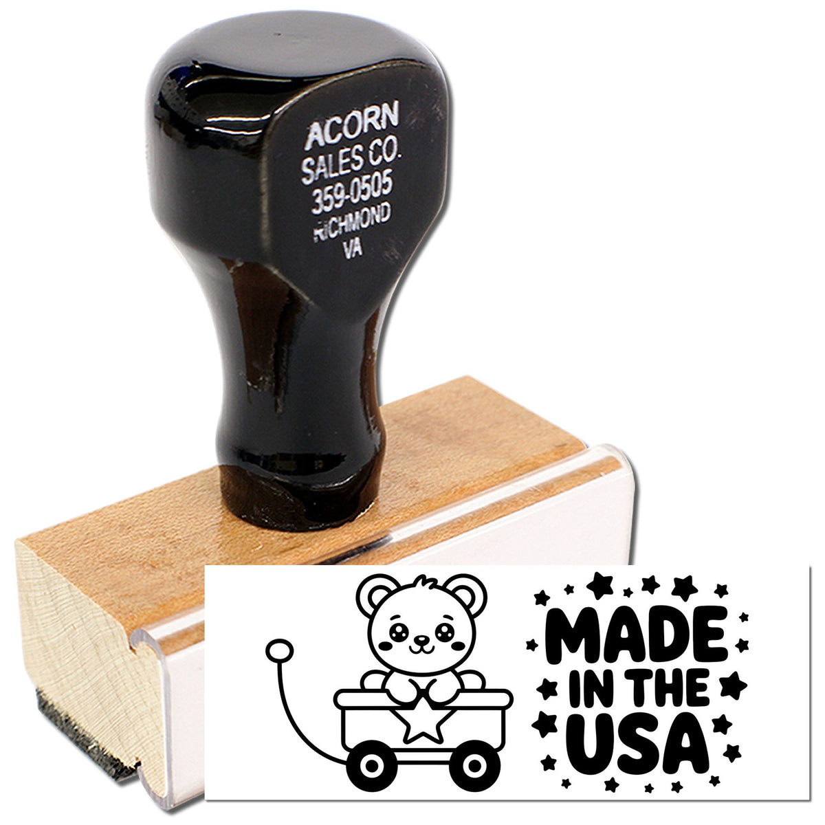 Custom rubber stamp with wood handle and Made in the USA bear wagon design for craft and business marking.