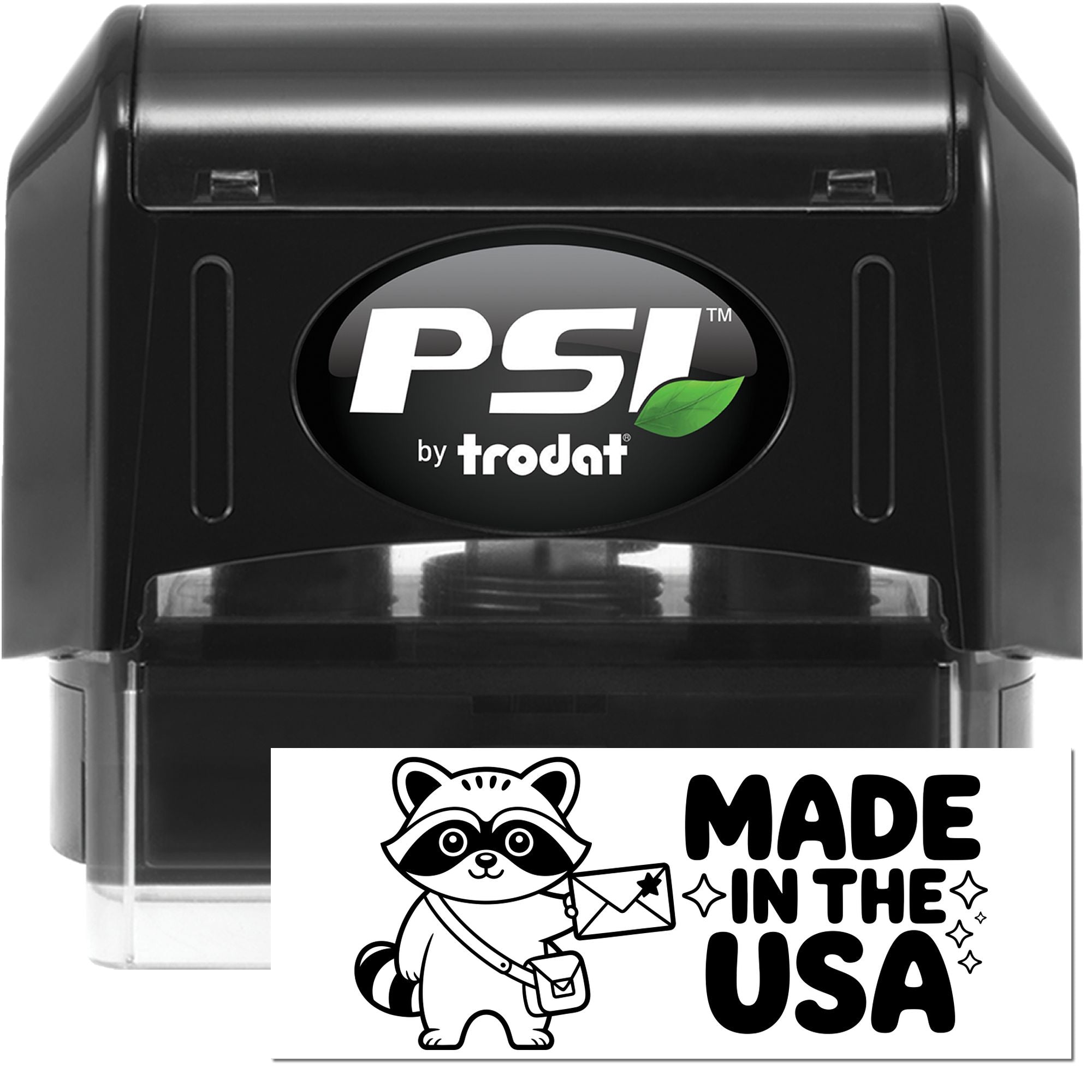 PSI by Trodat self-inking rubber stamp with custom raccoon design and Made in the USA imprint.