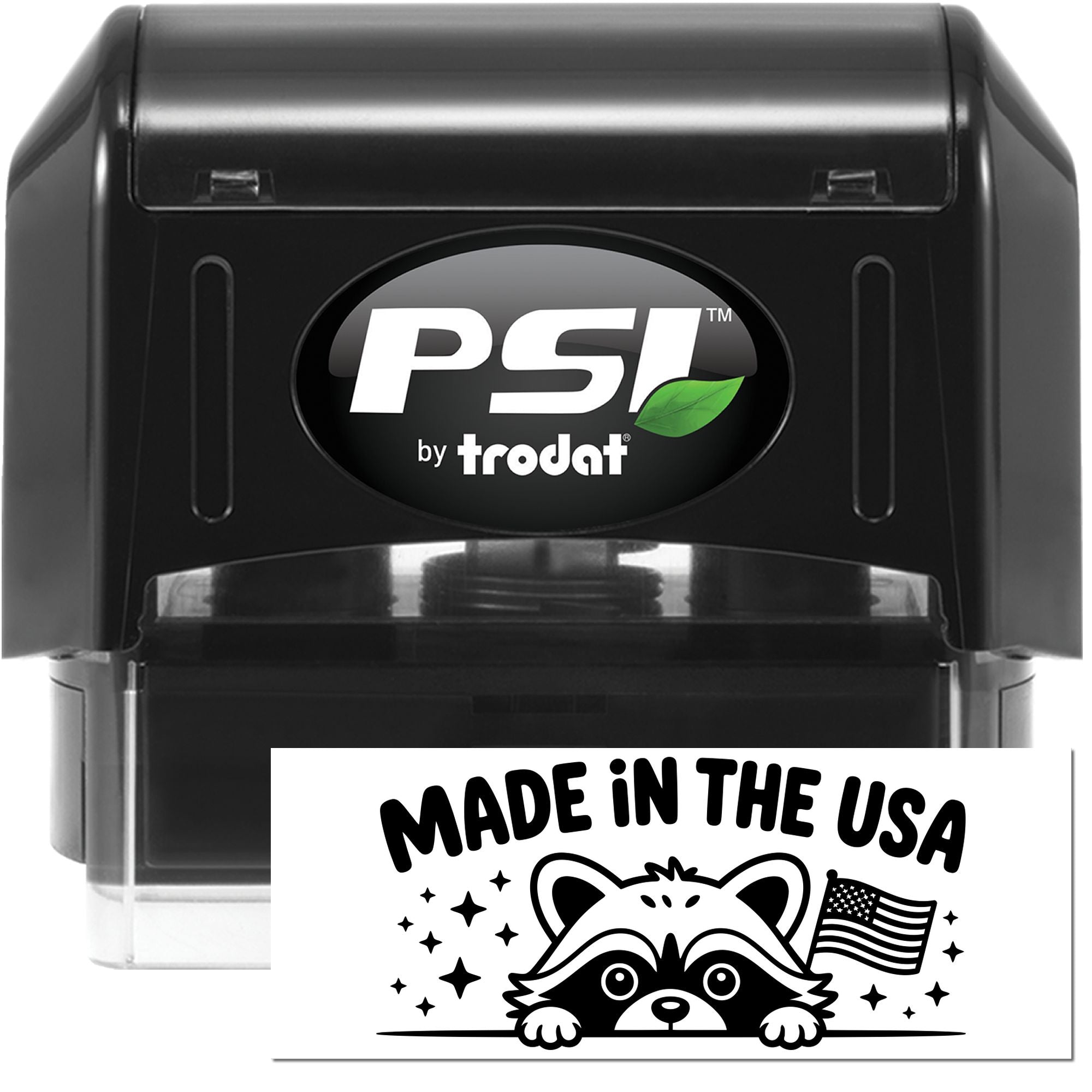 PSI by Trodat self-inking rubber stamp with custom Made in the USA raccoon logo impression