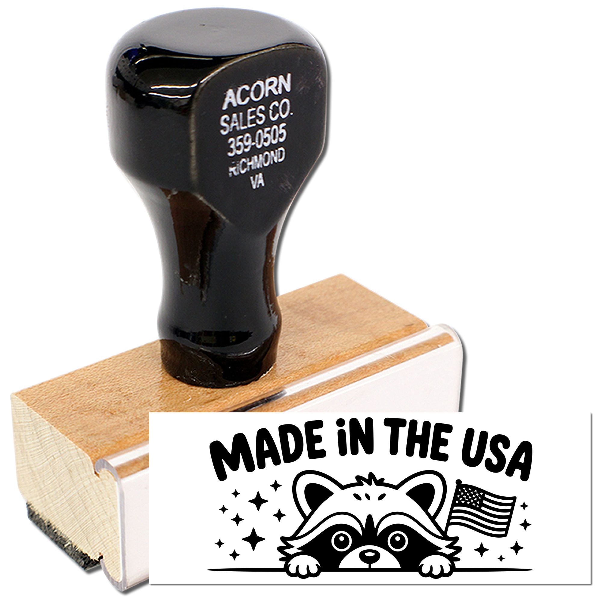 Custom wooden rubber stamp with Made in the USA raccoon design, ideal for product packaging and branding.