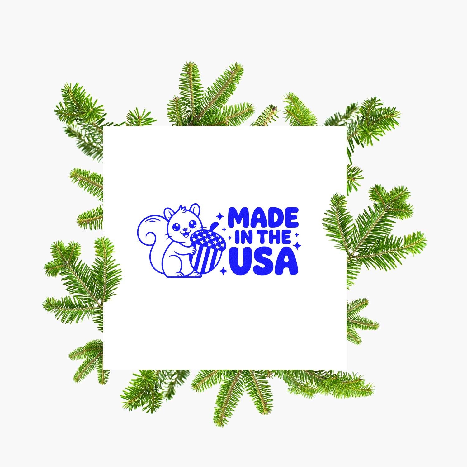 Made in the USA rubber stamp design with patriotic squirrel holding popcorn, ideal for handmade product branding.